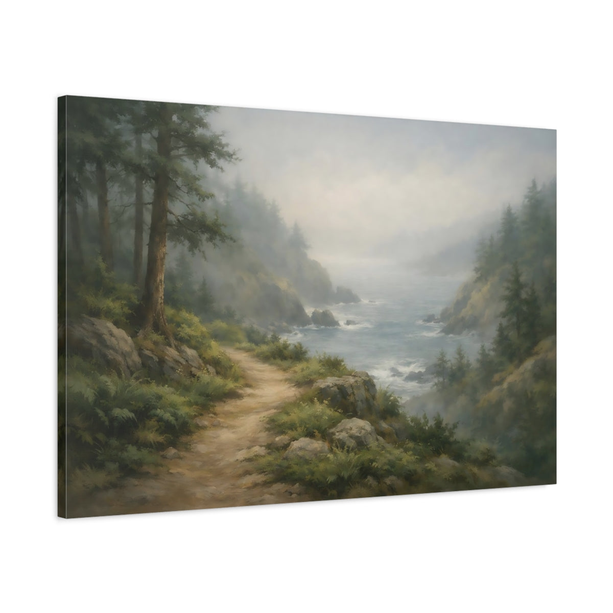 Side Mockup 1. Nature Coastal Path Misty Coastal Landscape shown as stretched canvas wall art