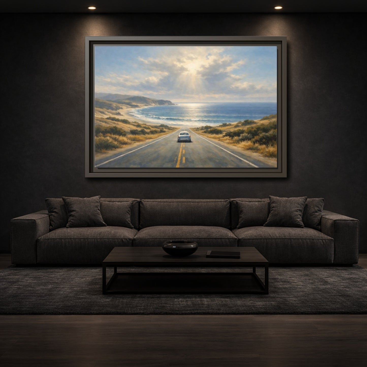 Mockup 2. Nature Coastal Road Coastal Drive shown as stretched canvas wall art