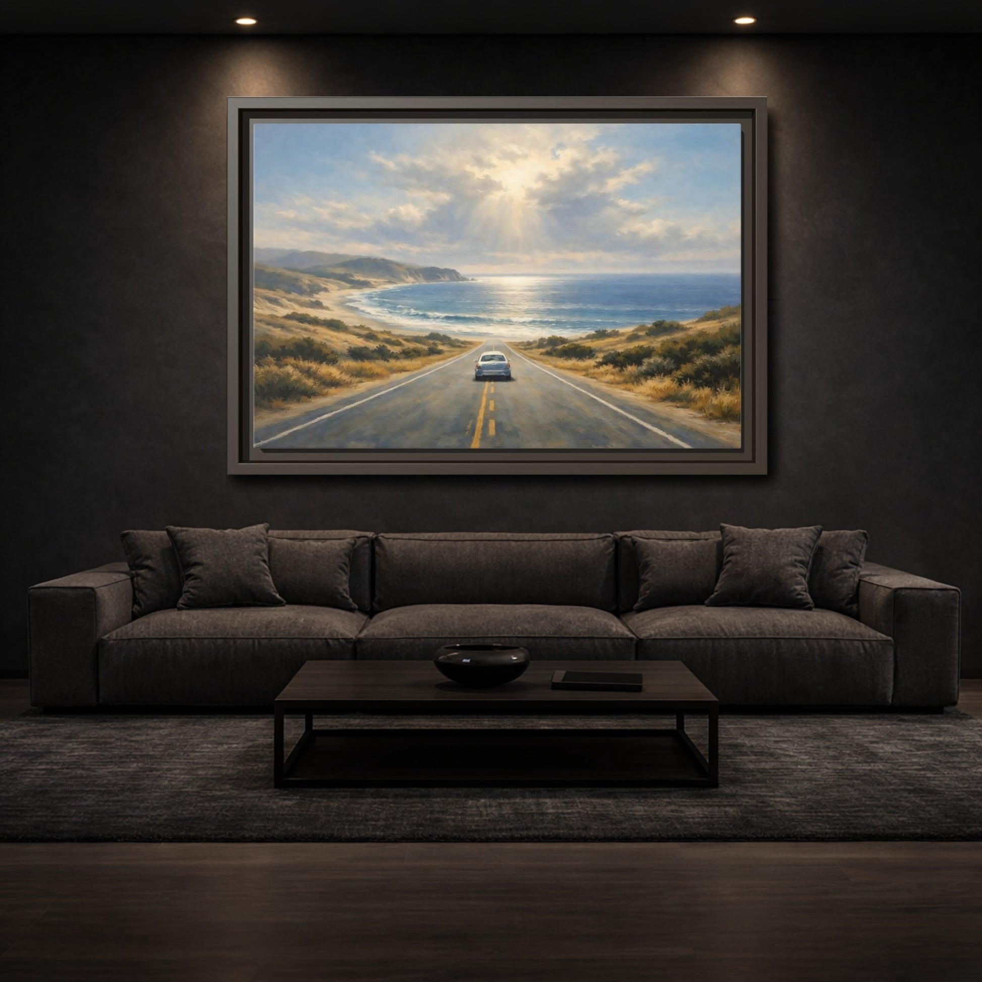 Mockup 2. Nature Coastal Road Coastal Drive shown as stretched canvas wall art