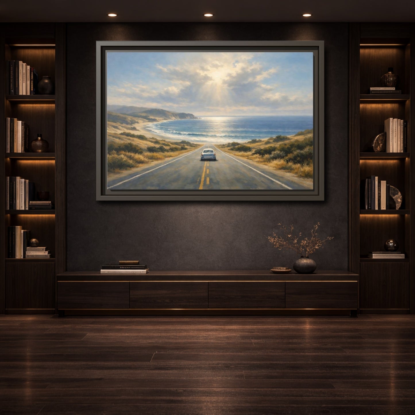 Mockup 3. Nature Coastal Road Coastal Drive shown as stretched canvas wall art