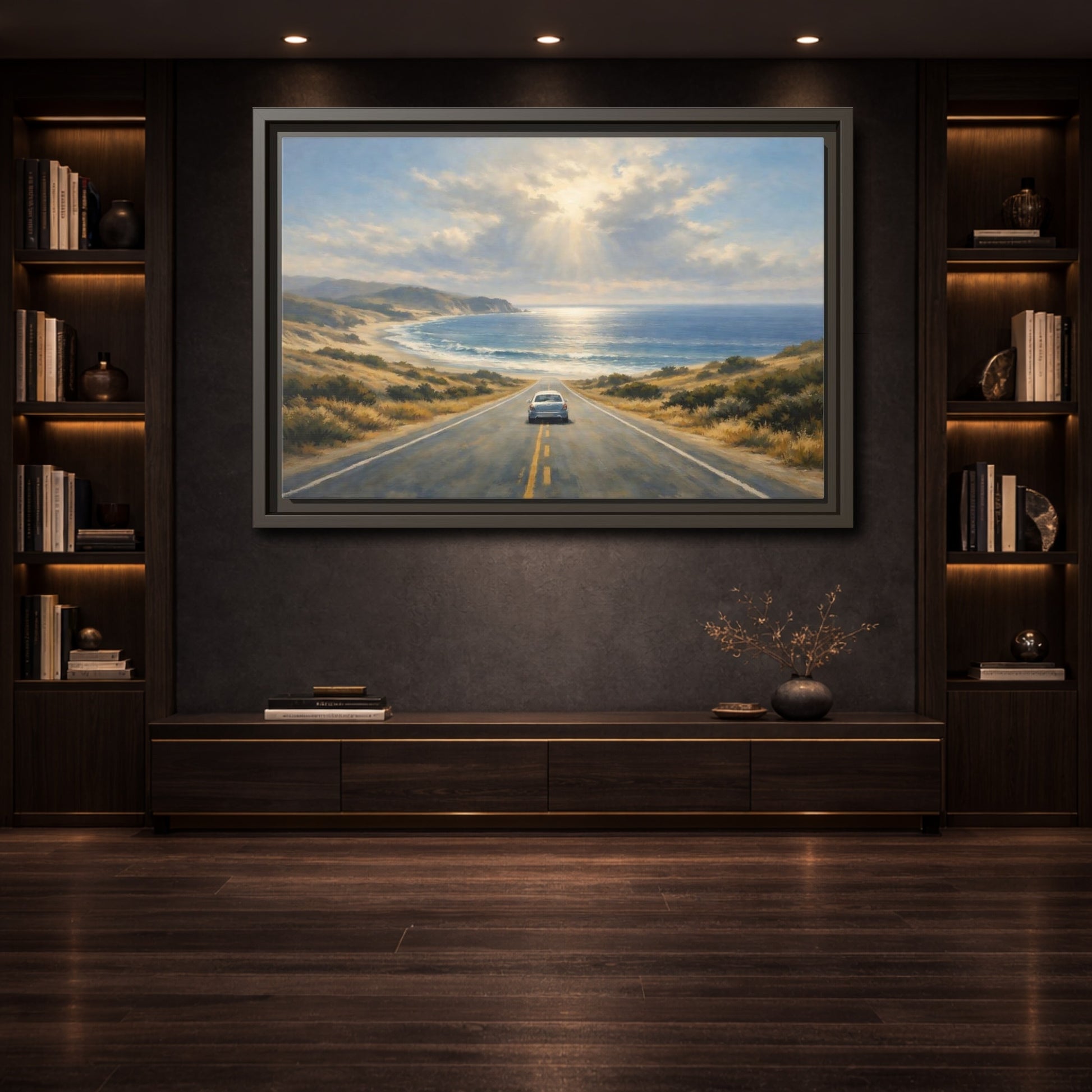 Mockup 3. Nature Coastal Road Coastal Drive shown as stretched canvas wall art