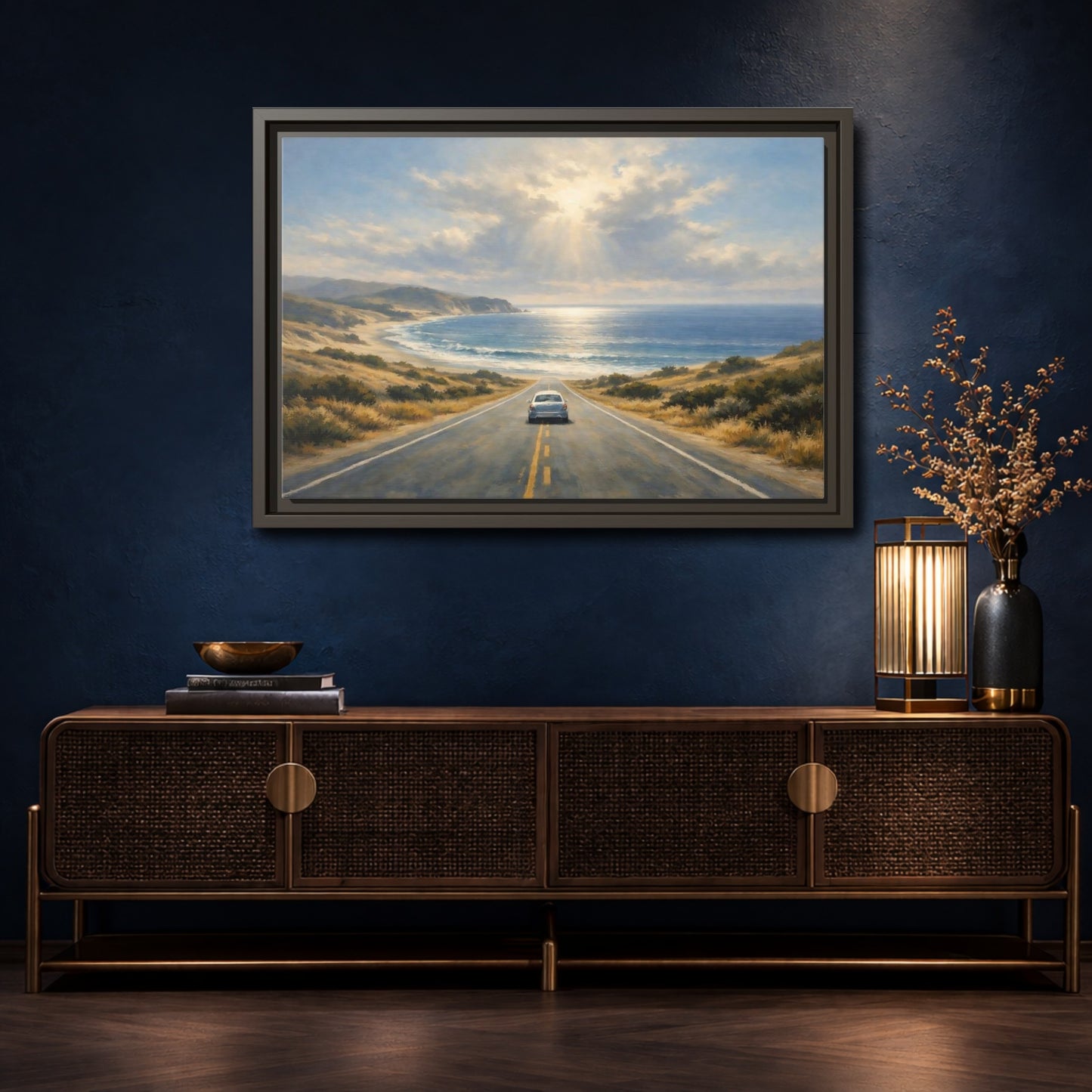 Mockup 4. Nature Coastal Road Coastal Drive shown as stretched canvas wall art