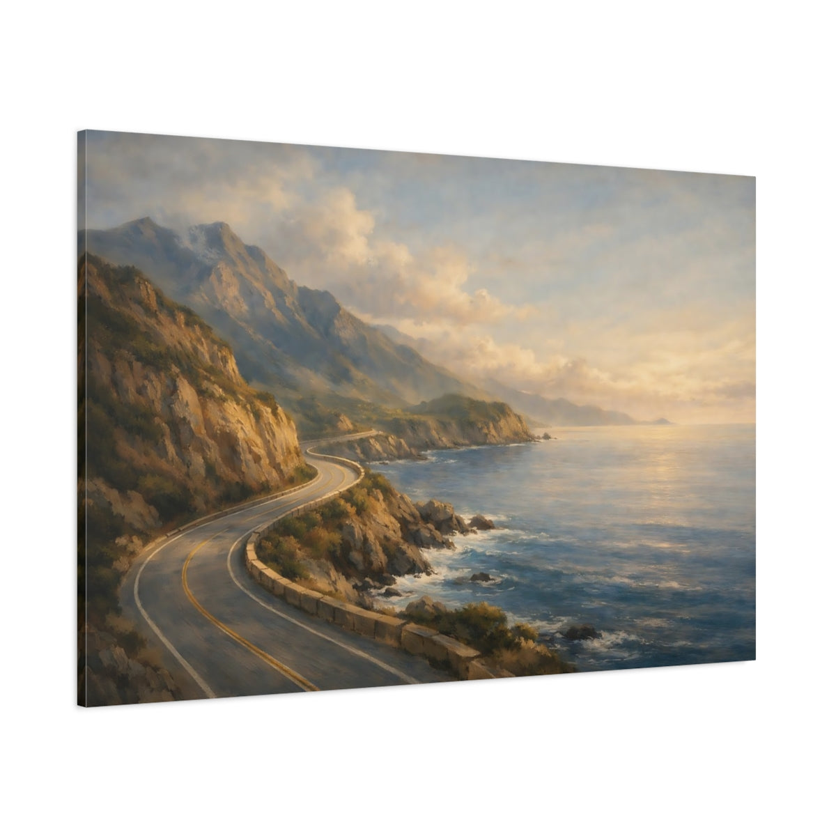 Main Mockup. Nature Coastal Road Coastal Road Sunset shown as stretched canvas wall art