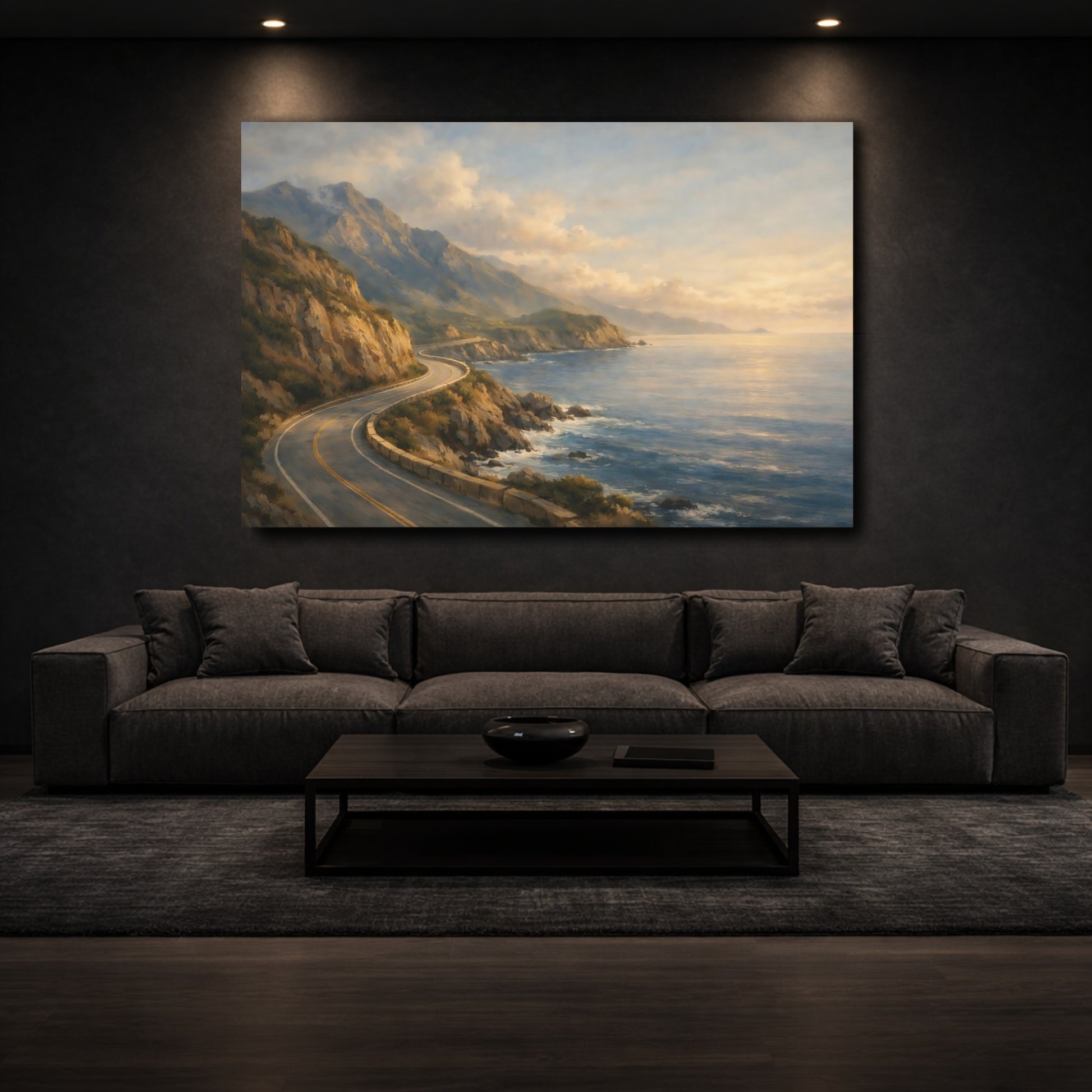 Mockup 2. Nature Coastal Road Coastal Road Sunset shown as stretched canvas wall art