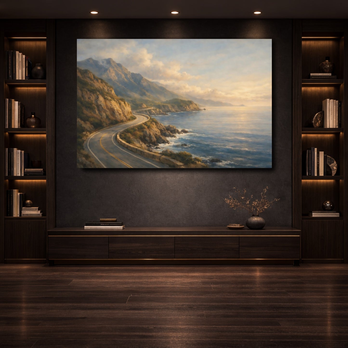 Mockup 3. Nature Coastal Road Coastal Road Sunset shown as stretched canvas wall art