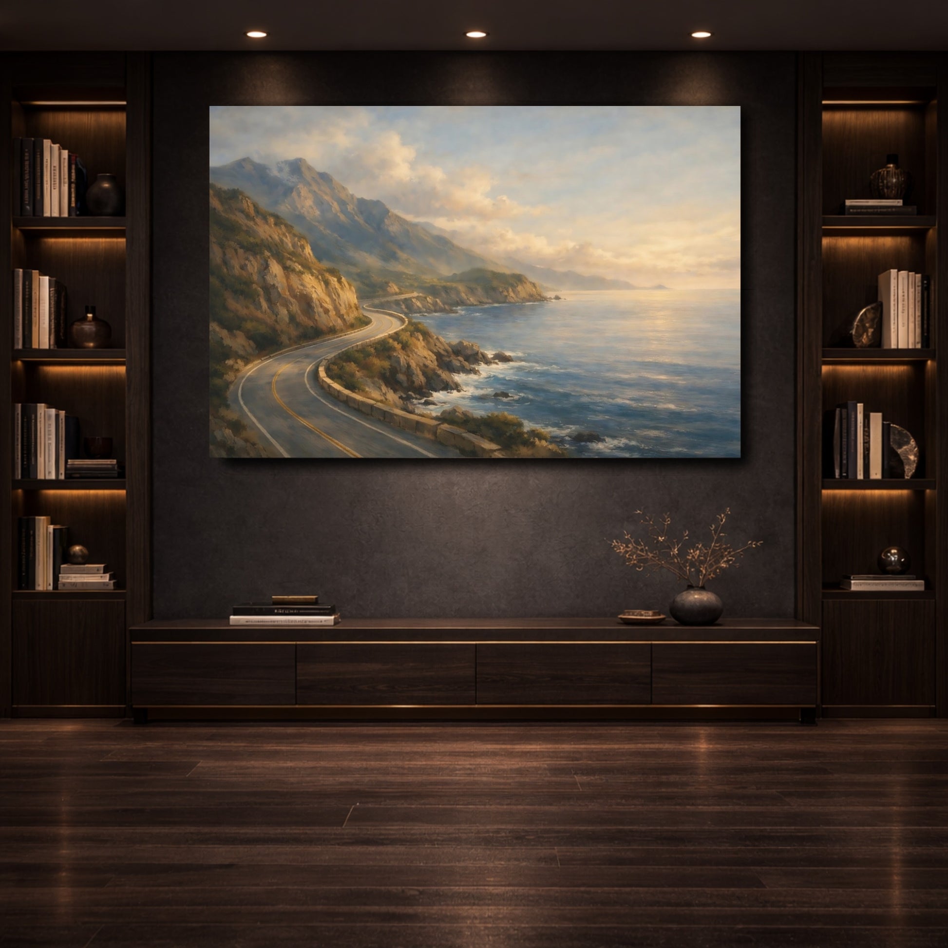 Mockup 3. Nature Coastal Road Coastal Road Sunset shown as stretched canvas wall art
