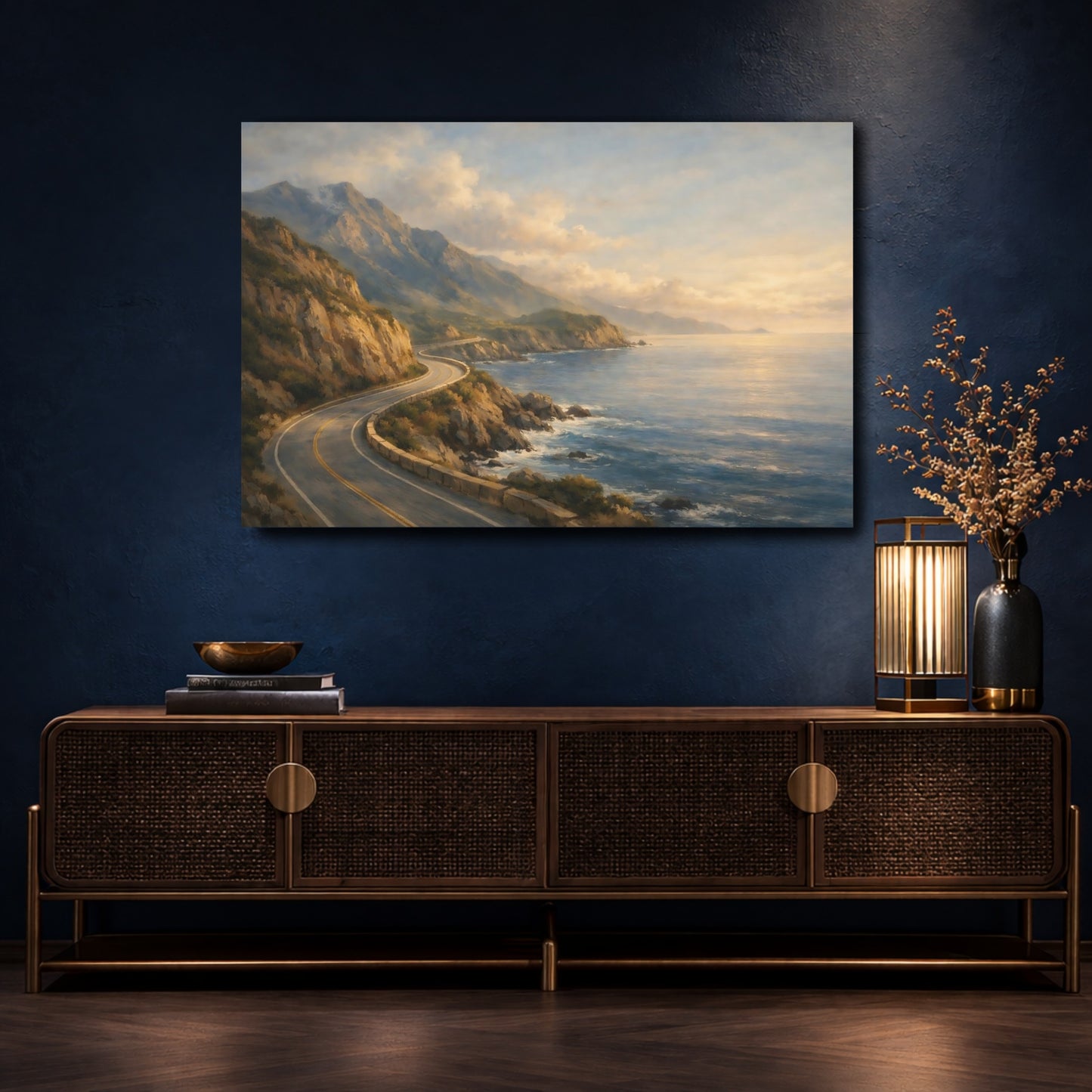 Mockup 4. Nature Coastal Road Coastal Road Sunset shown as stretched canvas wall art