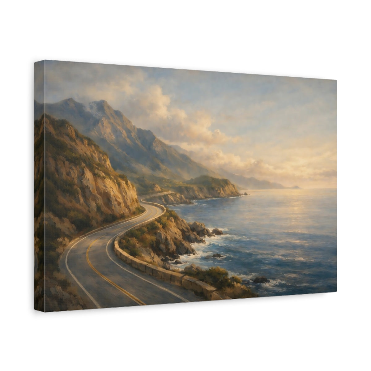 Side Mockup 4. Nature Coastal Road Coastal Road Sunset shown as stretched canvas wall art