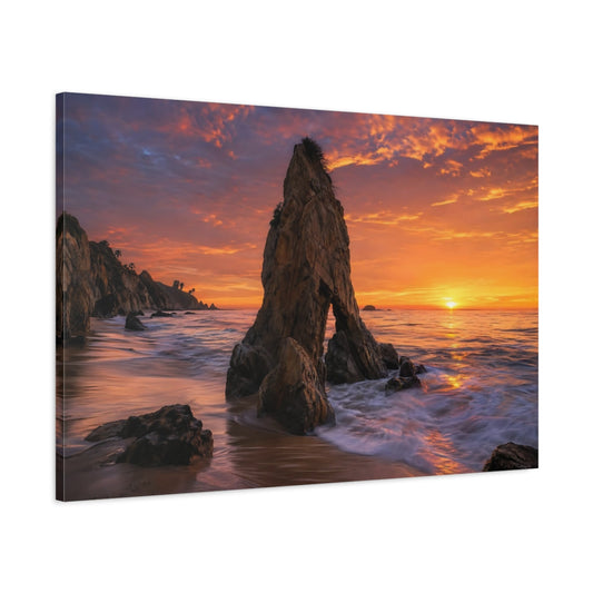 Main Mockup. Nature Coastal Rock Orange Sunset Seascape shown as stretched canvas wall art