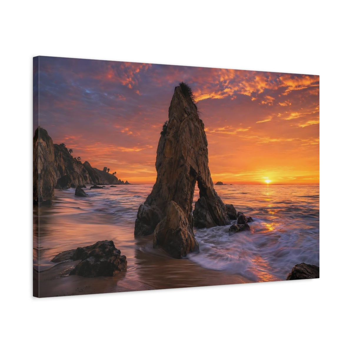 Side Mockup 2. Nature Coastal Rock Orange Sunset Seascape shown as stretched canvas wall art