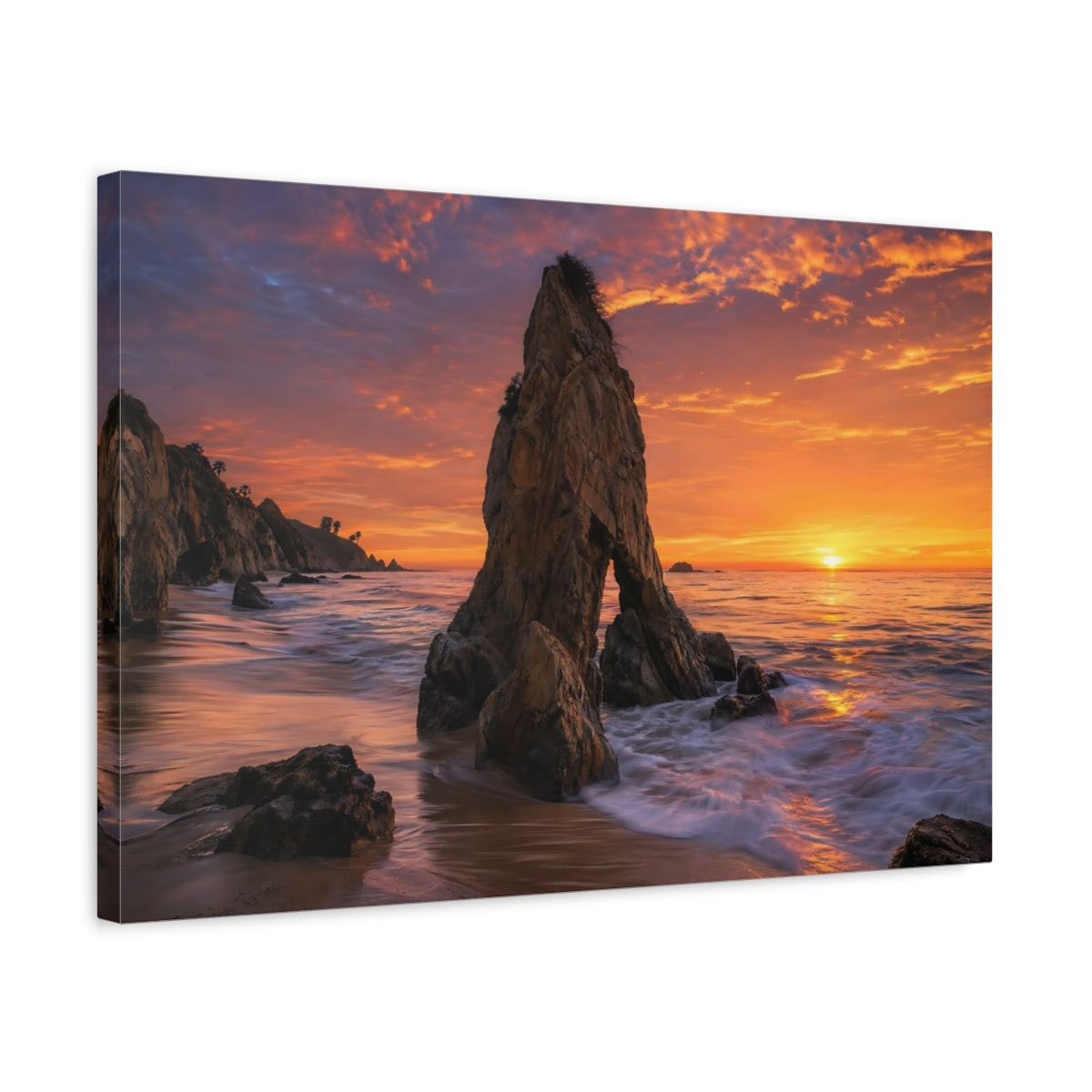 Side Mockup 3. Nature Coastal Rock Orange Sunset Seascape shown as stretched canvas wall art