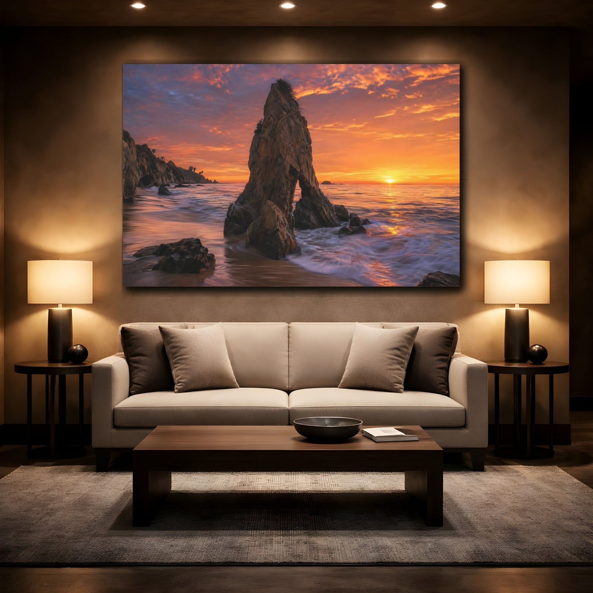 Mockup 2. Nature Coastal Rock Orange Sunset Seascape shown as stretched canvas wall art