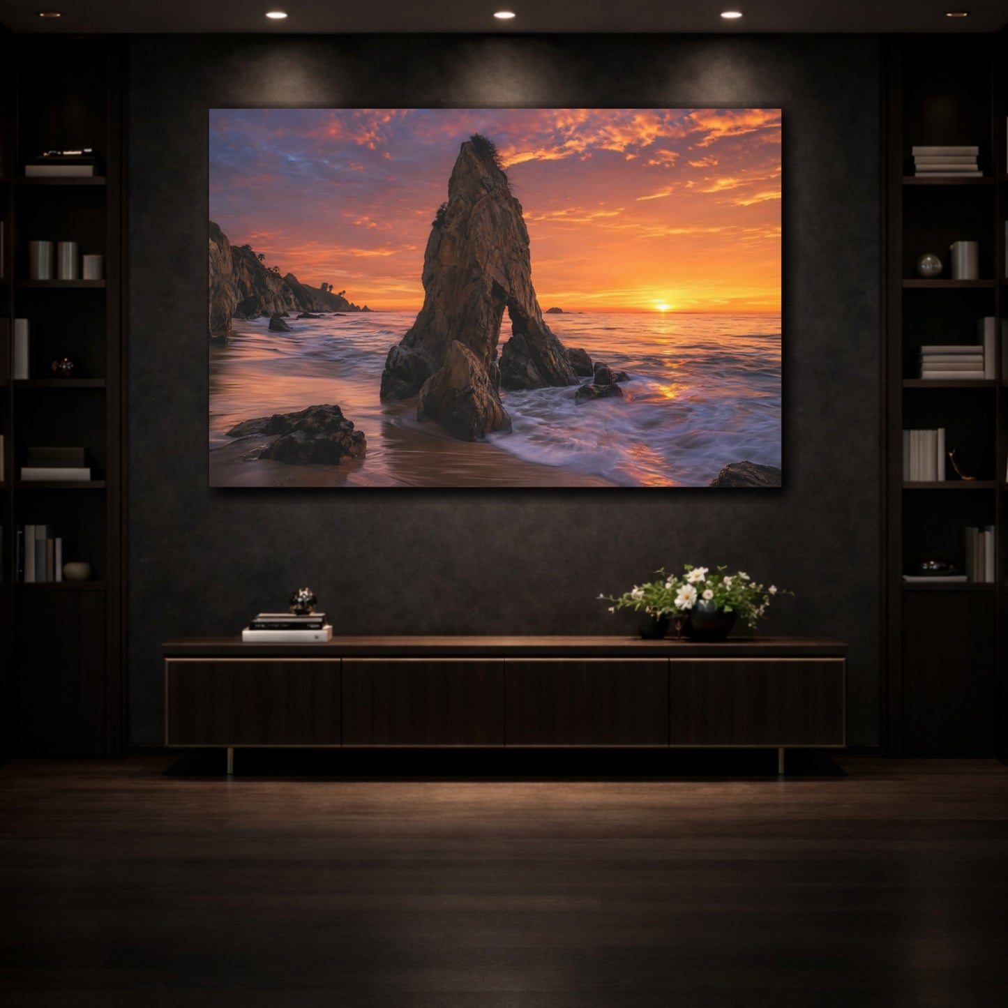 Mockup 3. Nature Coastal Rock Orange Sunset Seascape shown as stretched canvas wall art