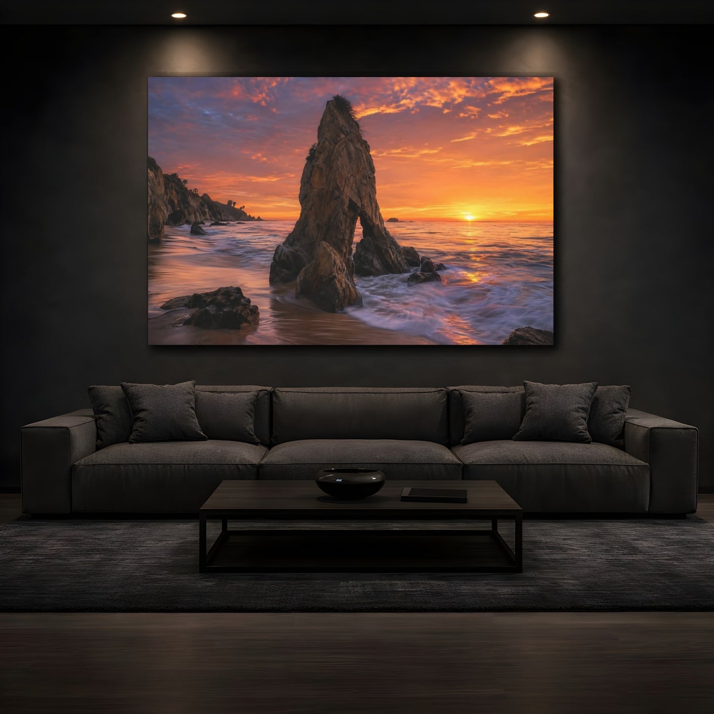 Mockup 4. Nature Coastal Rock Orange Sunset Seascape shown as stretched canvas wall art
