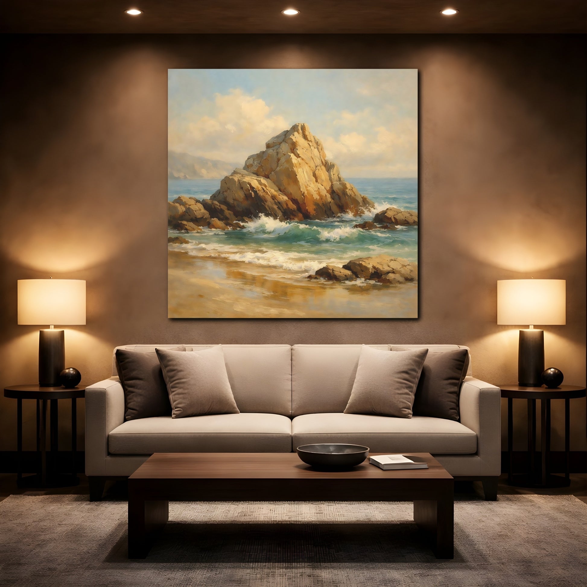 Mockup 2. Nature Coastal Rocks Coastal Landscape shown as stretched canvas wall art