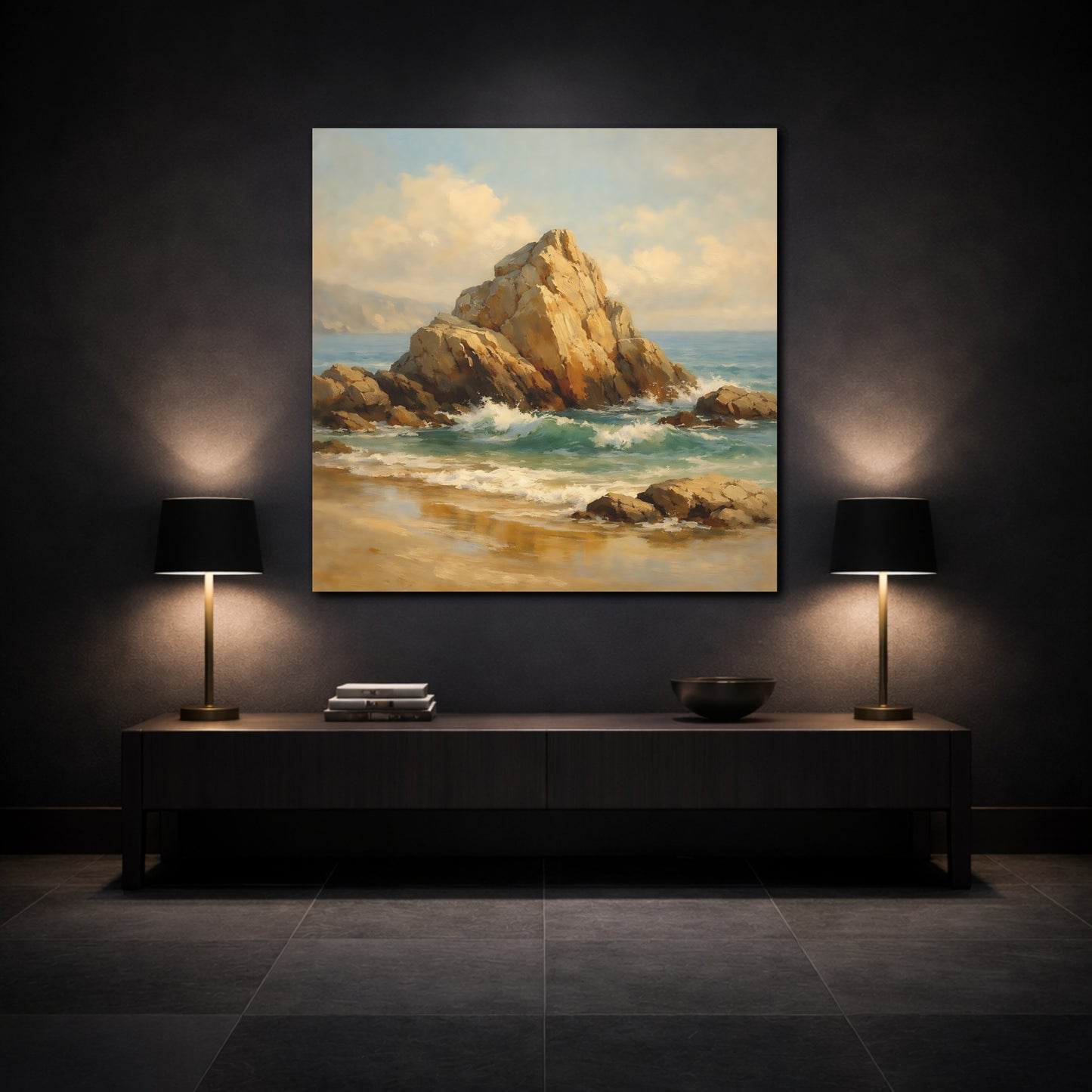 Mockup 3. Nature Coastal Rocks Coastal Landscape shown as stretched canvas wall art