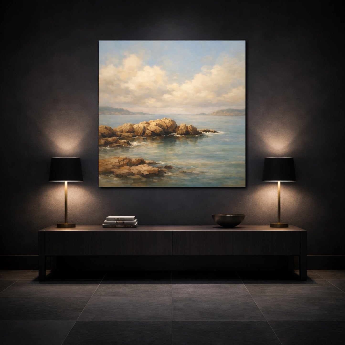 Mockup 3. Nature Coastal Rocks Coastal Landscape shown as stretched canvas wall art