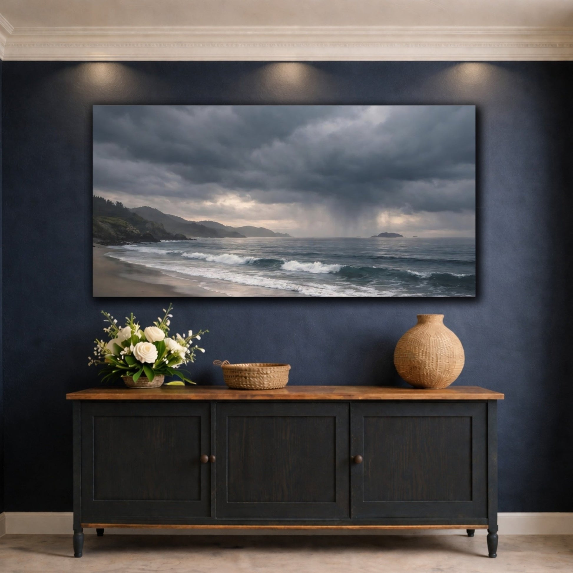 Nature Coastal Storm Gray And Blue - Canvas Wall Art Print - YesArtYes