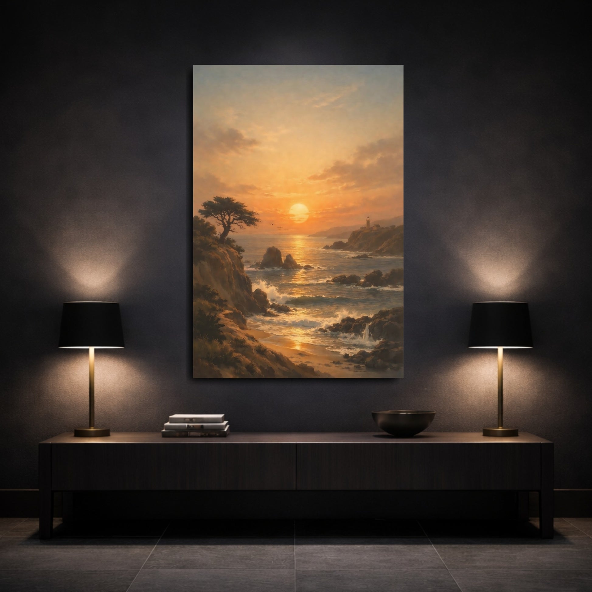 Mockup 2. Nature Coastal Sunset Coastal Sunset Orange shown as stretched canvas wall art