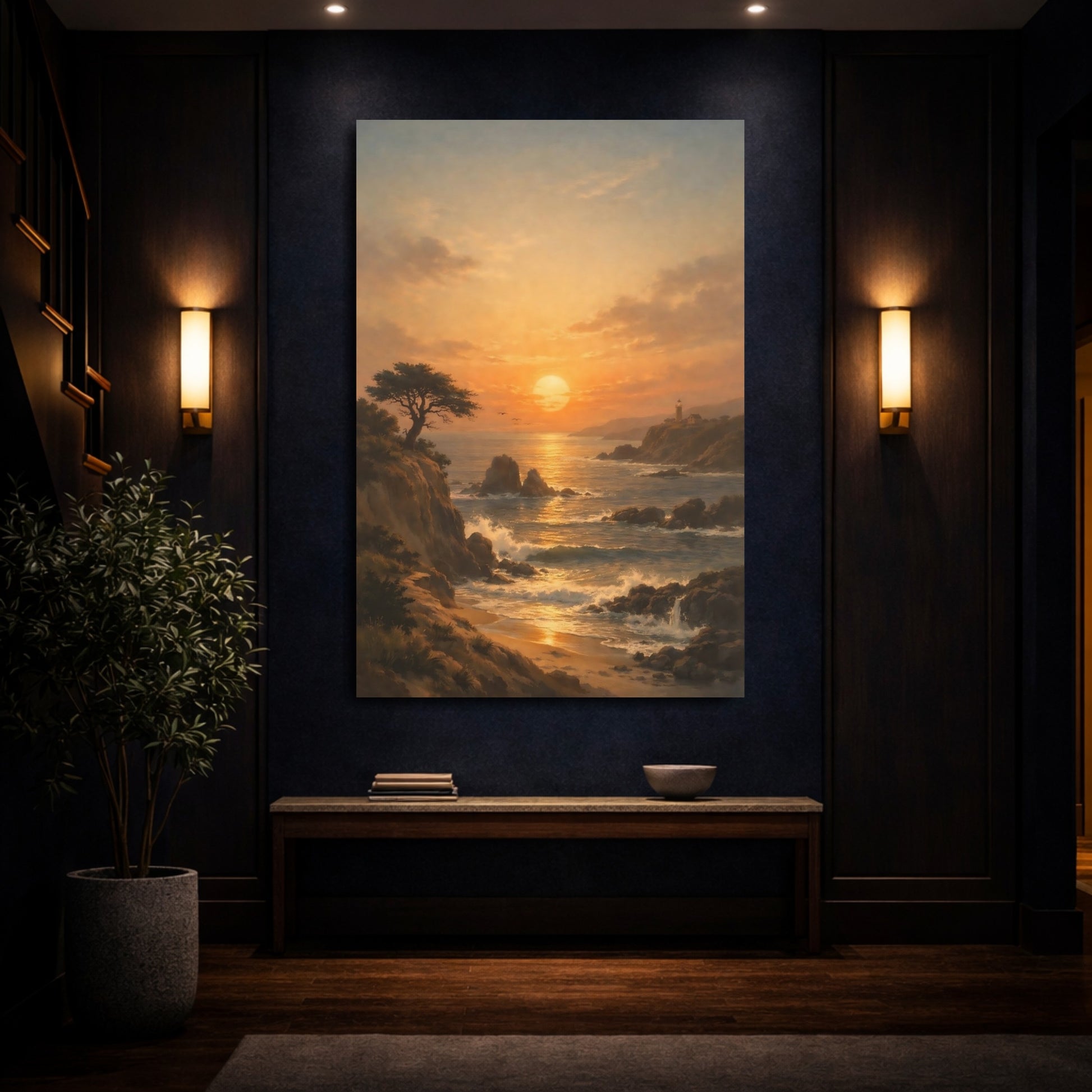 Mockup 3. Nature Coastal Sunset Coastal Sunset Orange shown as stretched canvas wall art
