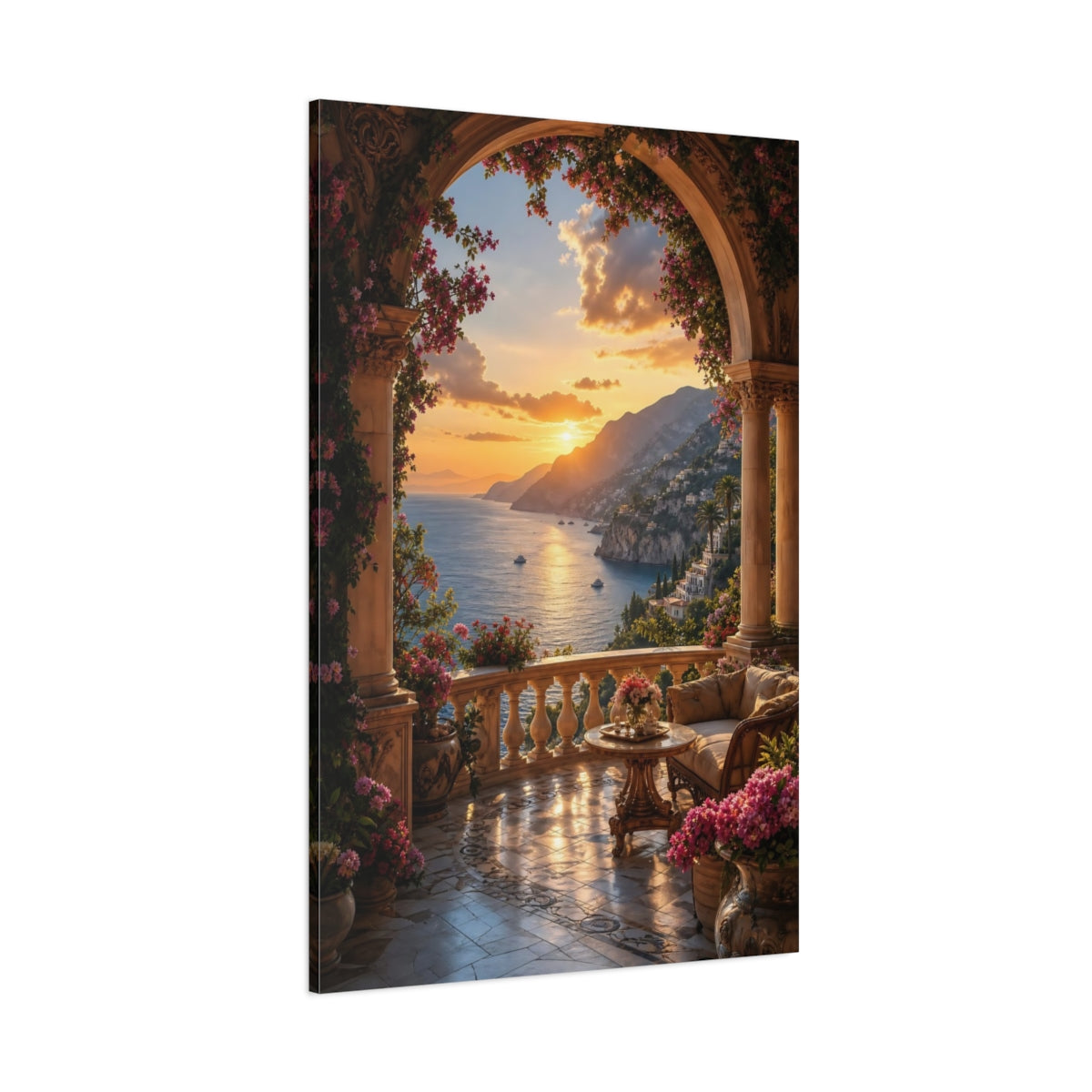 Side Mockup 1. Nature Coastal Sunset Orange And Blue Sunset shown as stretched canvas wall art