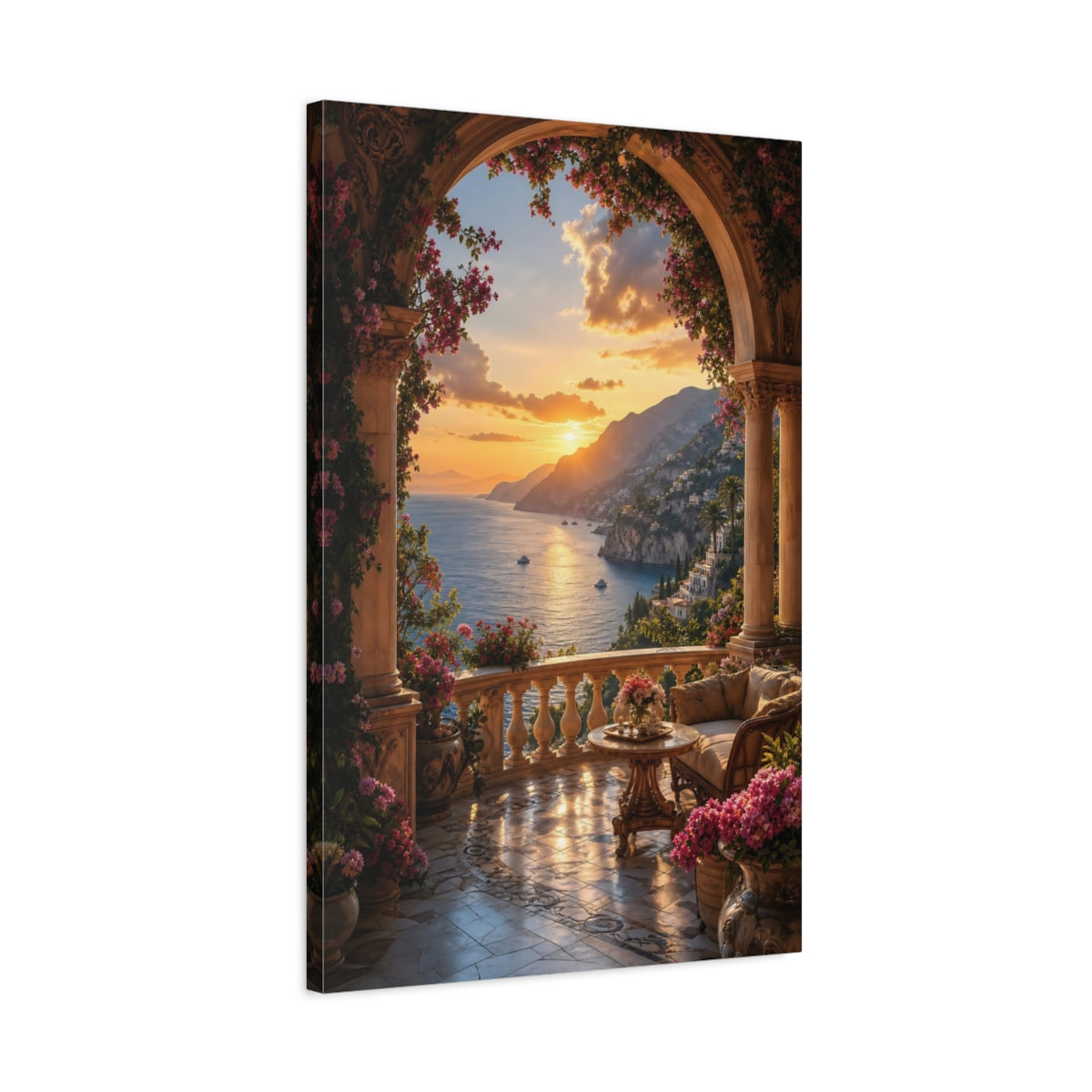 Side Mockup 2. Nature Coastal Sunset Orange And Blue Sunset shown as stretched canvas wall art