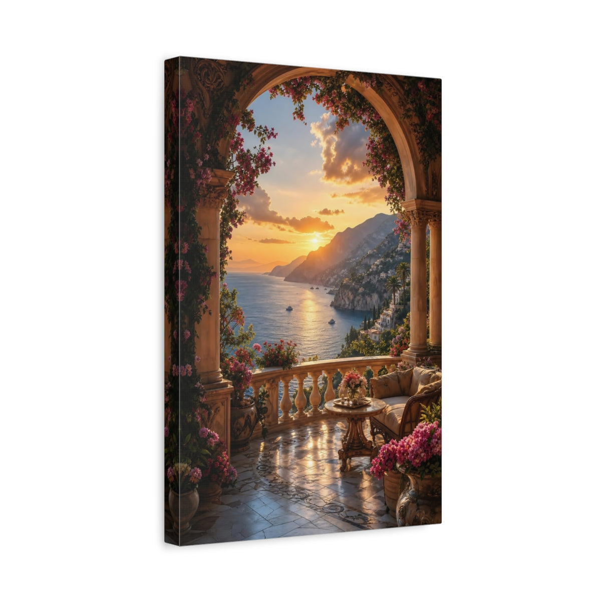 Side Mockup 4. Nature Coastal Sunset Orange And Blue Sunset shown as stretched canvas wall art