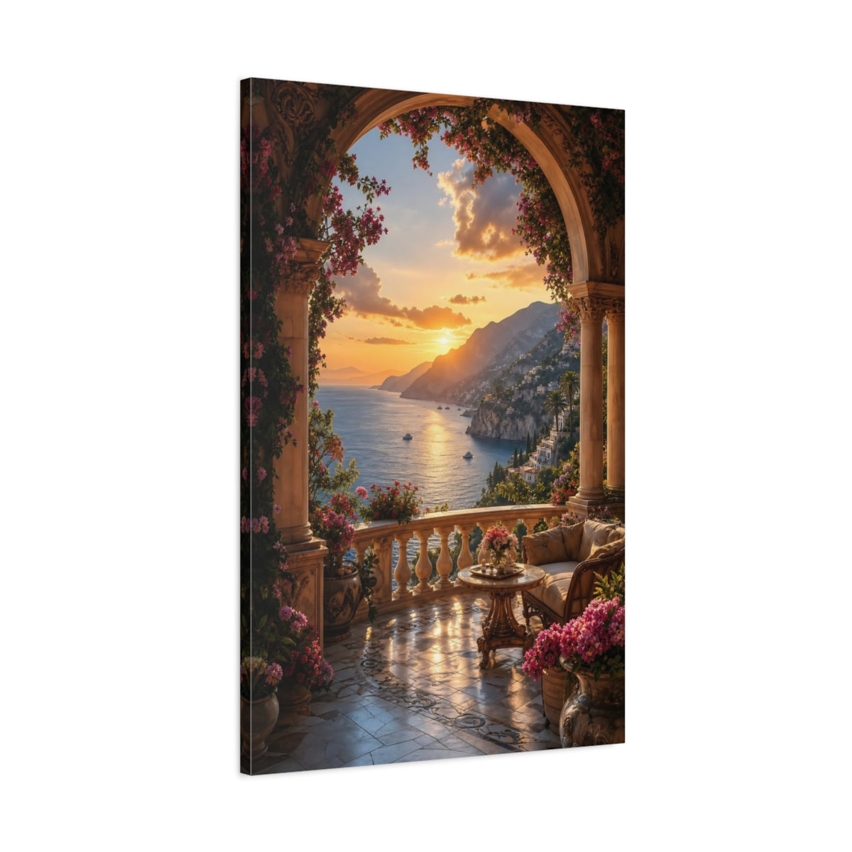 Main Mockup. Nature Coastal Sunset Orange And Blue Sunset shown as stretched canvas wall art