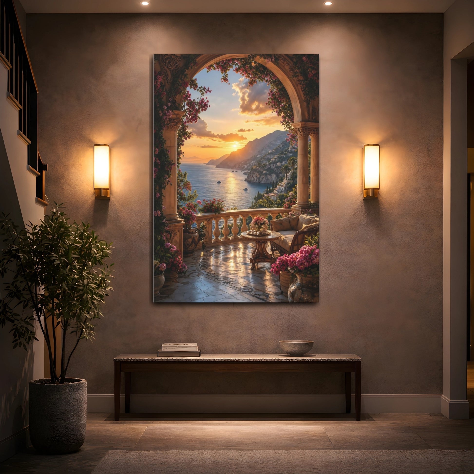 Mockup 2. Nature Coastal Sunset Orange And Blue Sunset shown as stretched canvas wall art