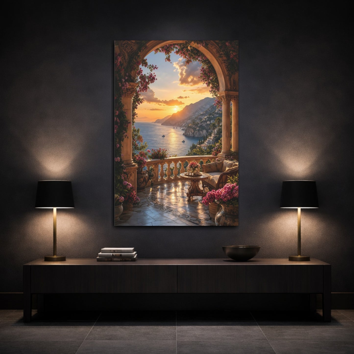 Mockup 3. Nature Coastal Sunset Orange And Blue Sunset shown as stretched canvas wall art