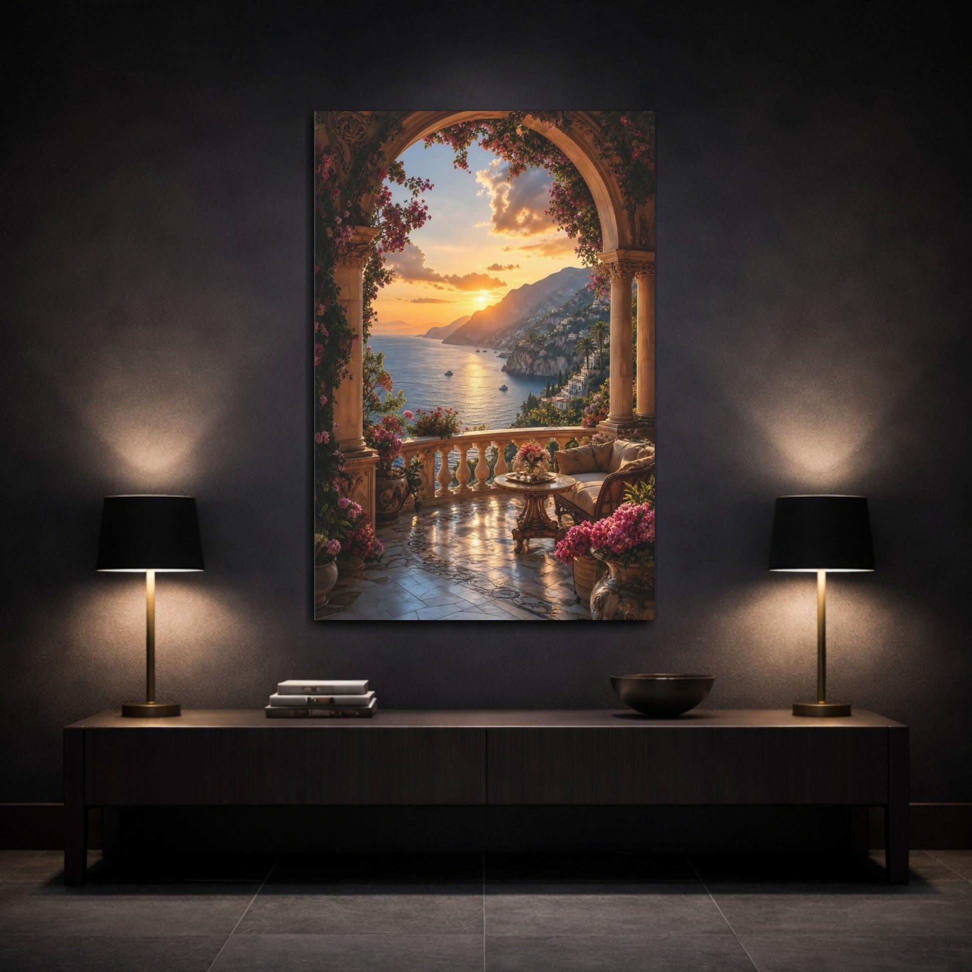Mockup 3. Nature Coastal Sunset Orange And Blue Sunset shown as stretched canvas wall art