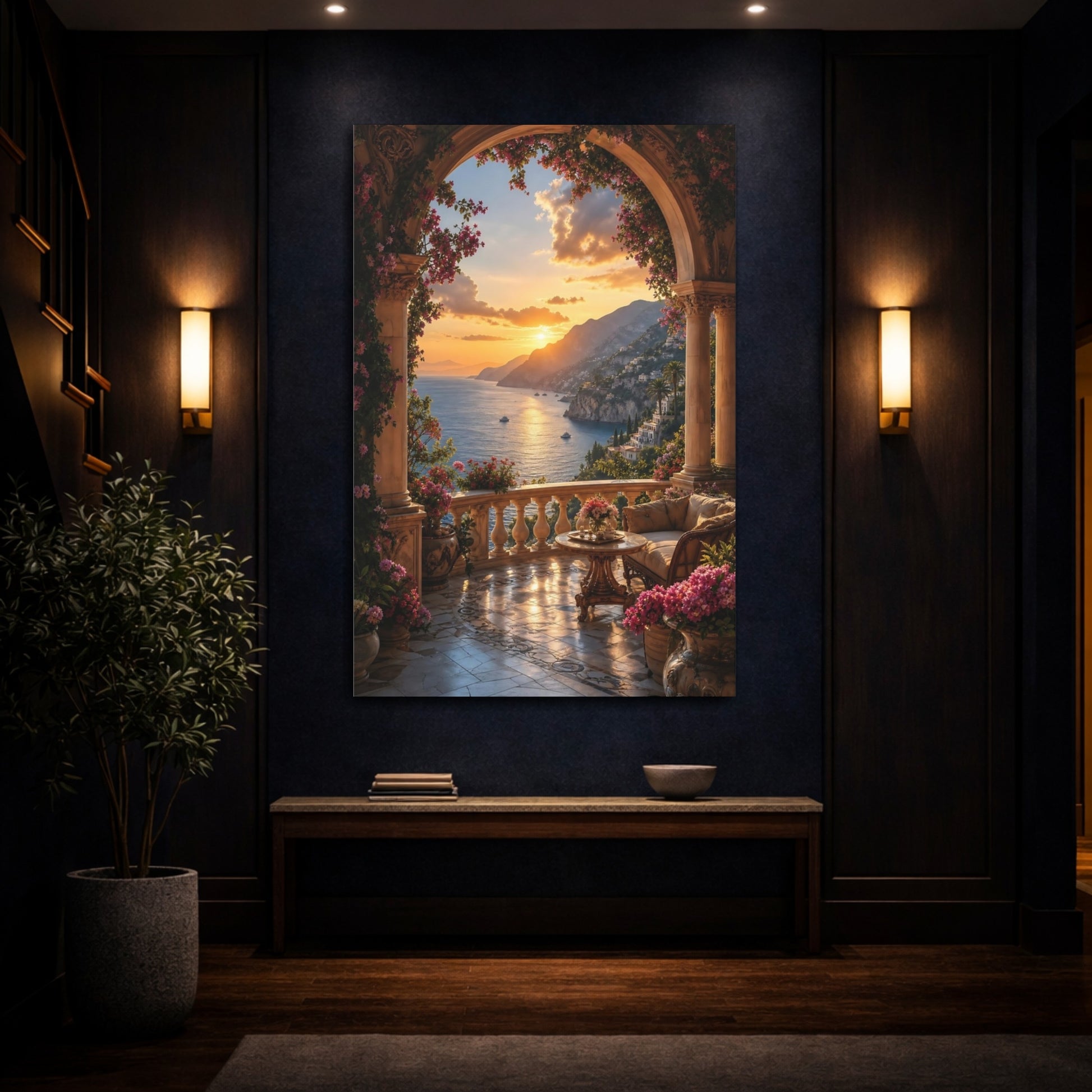 Mockup 4. Nature Coastal Sunset Orange And Blue Sunset shown as stretched canvas wall art