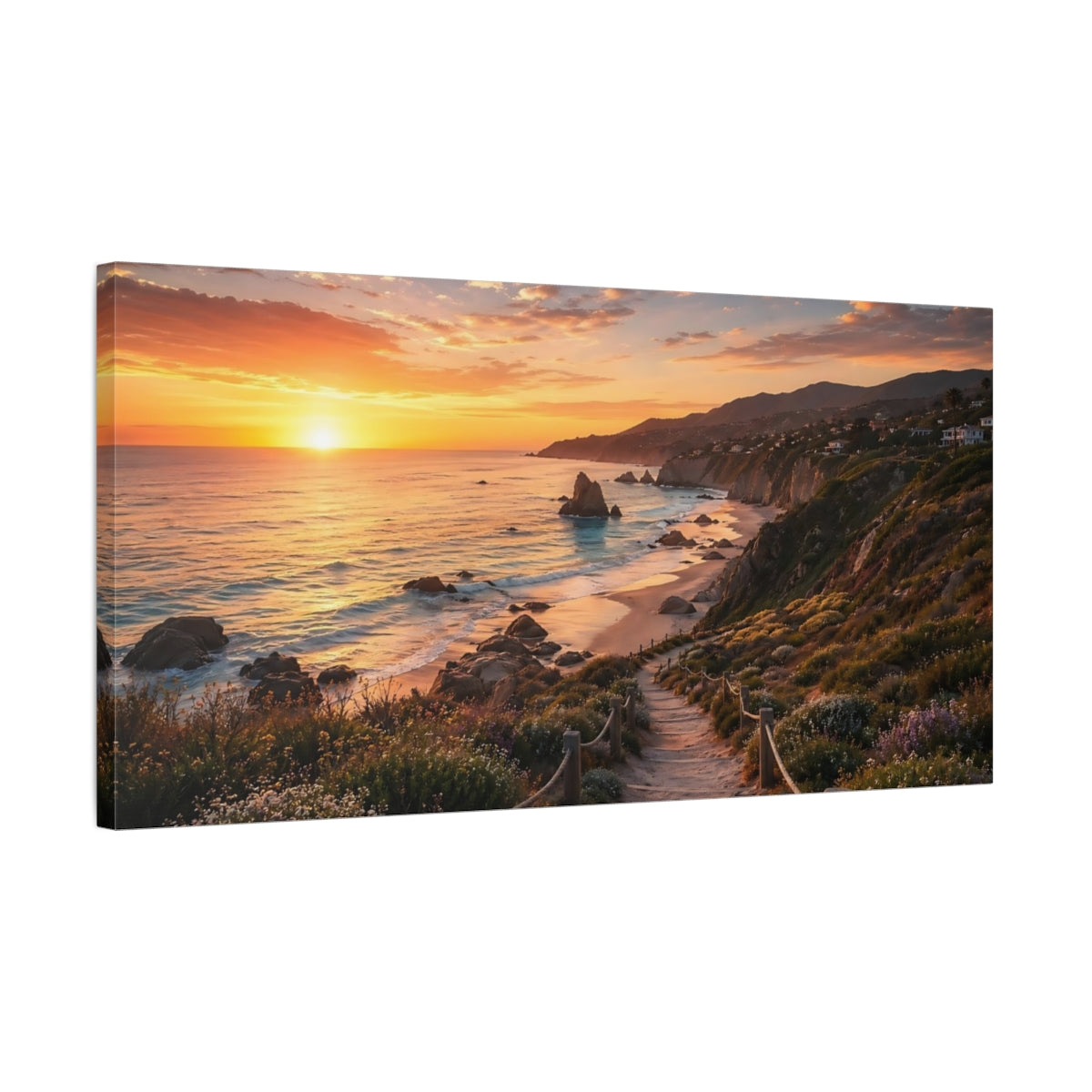 Side Mockup 1. Nature Coastal Sunset Orange Sunset shown as stretched canvas wall art