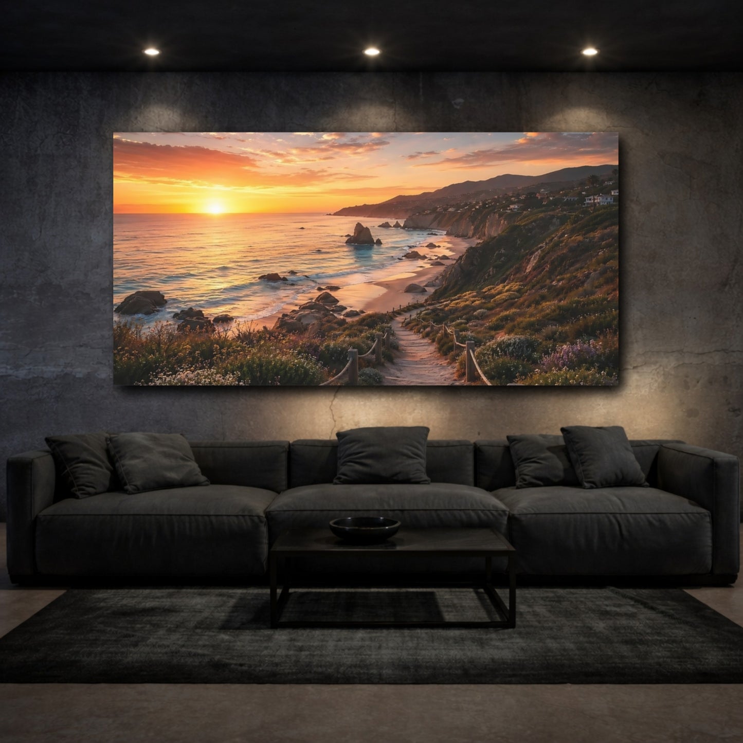 Mockup 2. Nature Coastal Sunset Orange Sunset shown as stretched canvas wall art