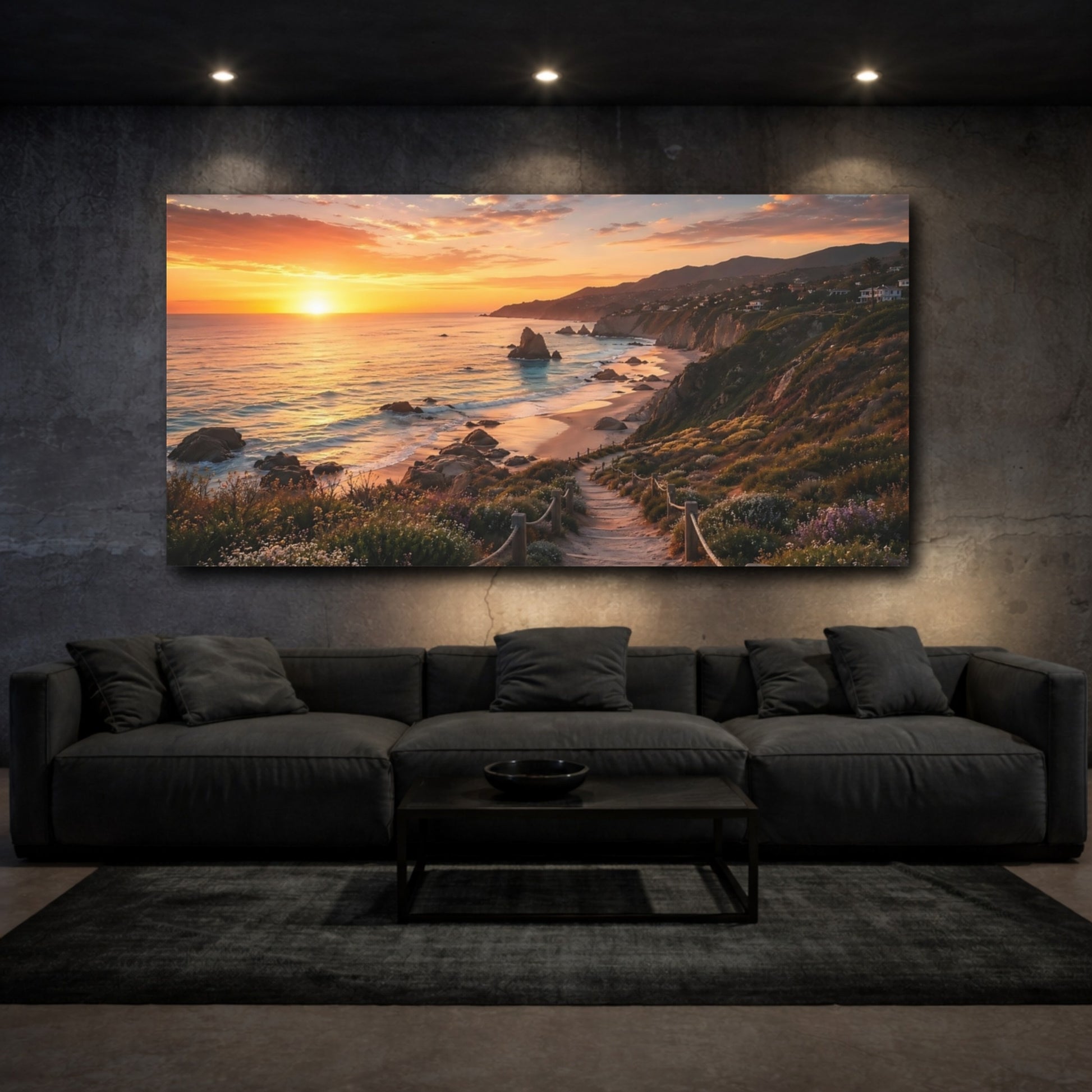 Mockup 2. Nature Coastal Sunset Orange Sunset shown as stretched canvas wall art