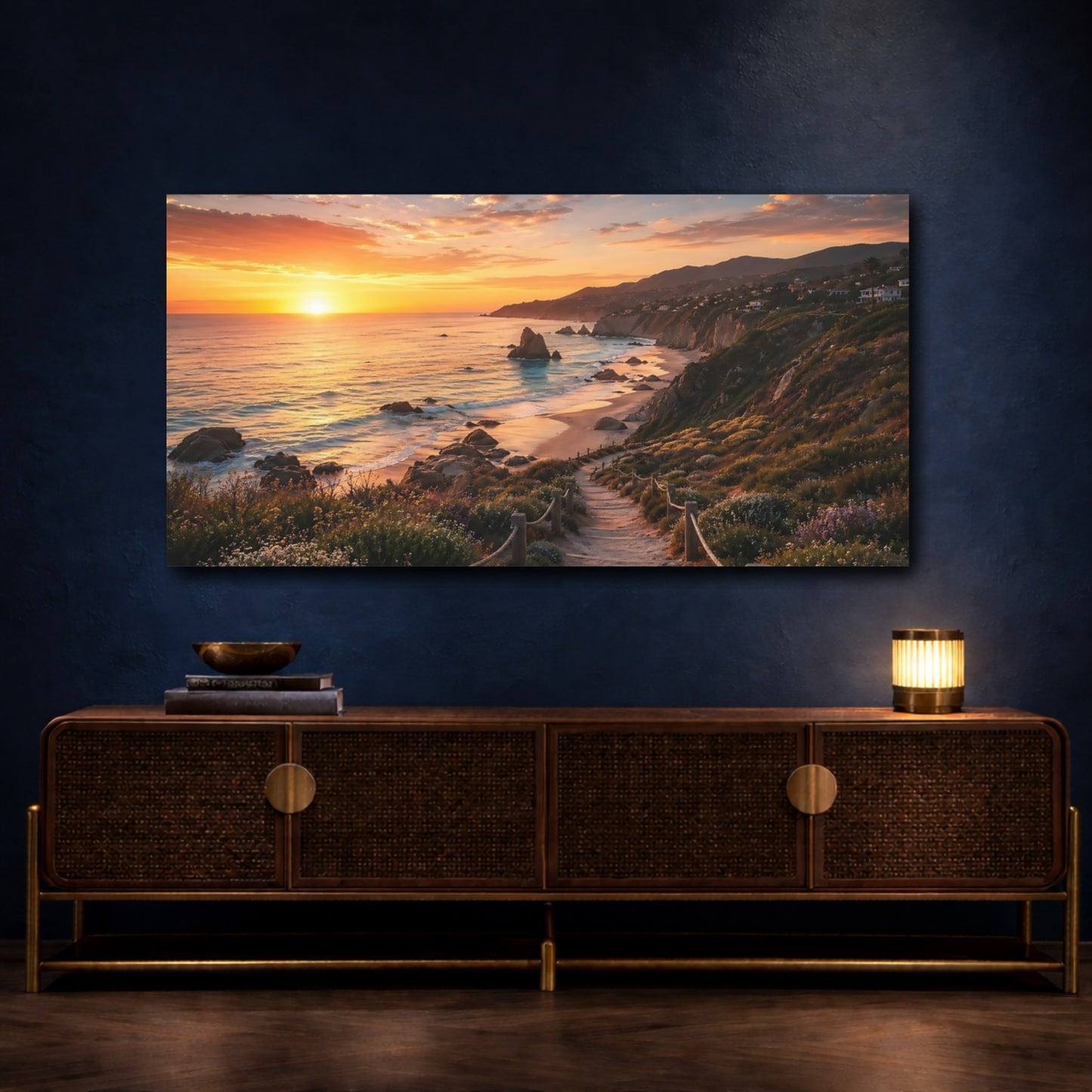 Mockup 3. Nature Coastal Sunset Orange Sunset shown as stretched canvas wall art