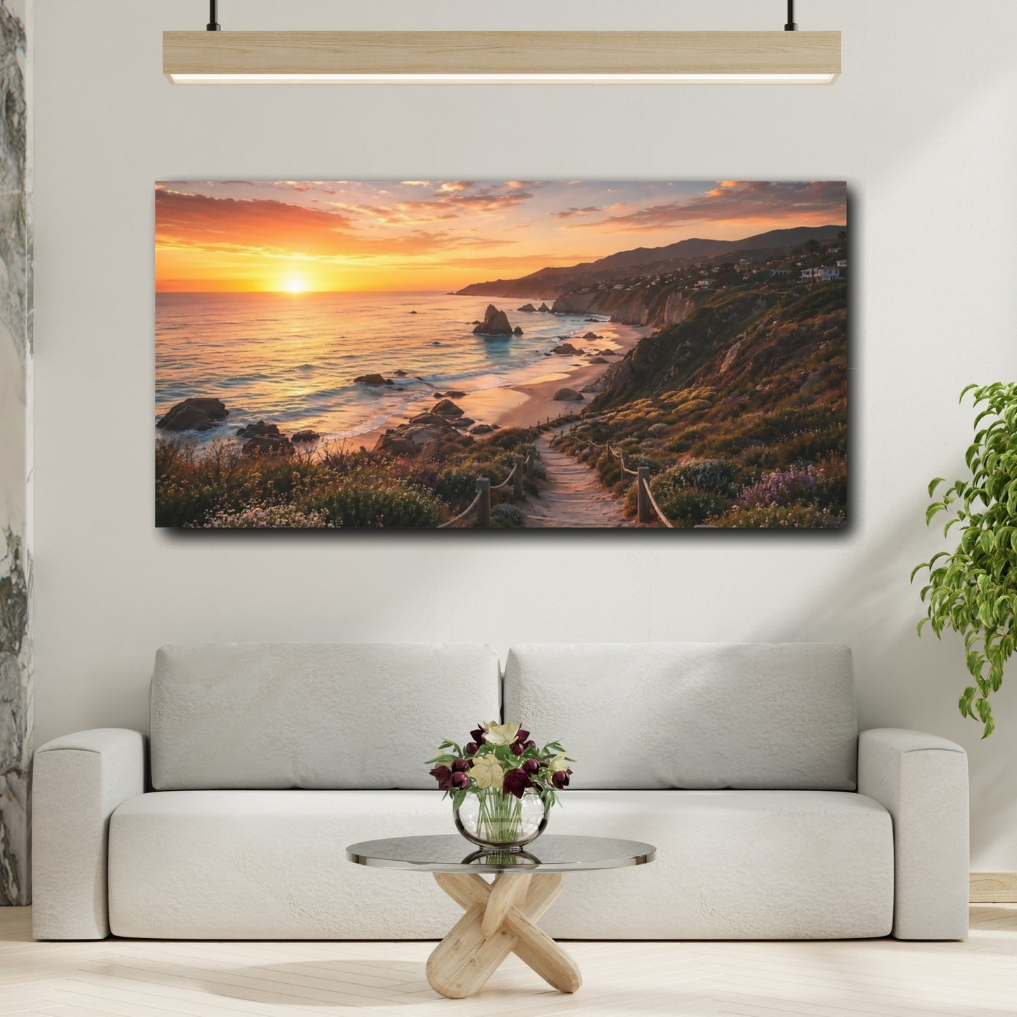 Mockup 4. Nature Coastal Sunset Orange Sunset shown as stretched canvas wall art