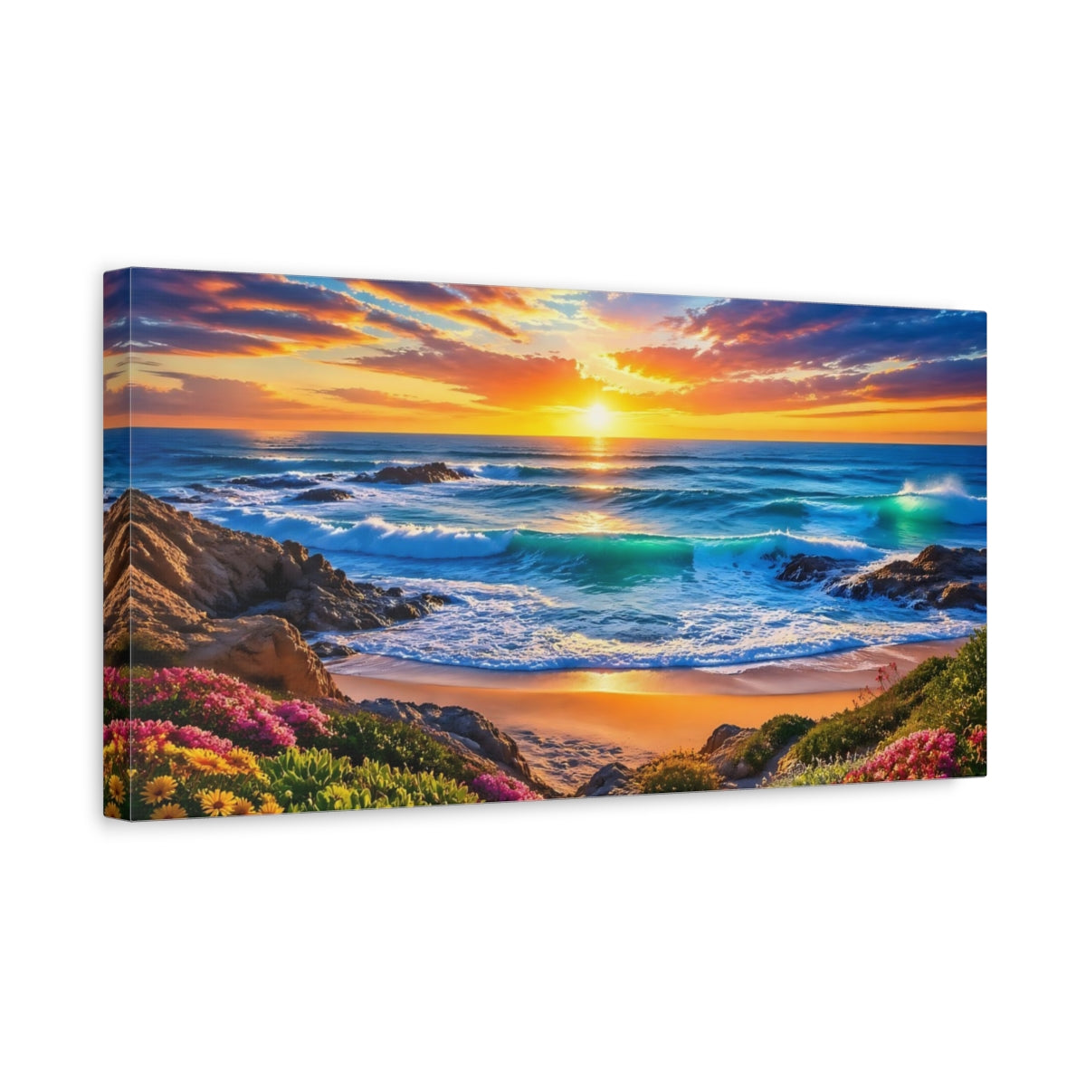 Side Mockup 3. Nature Coastal Sunset Vibrant Beach Sunset shown as stretched canvas wall art
