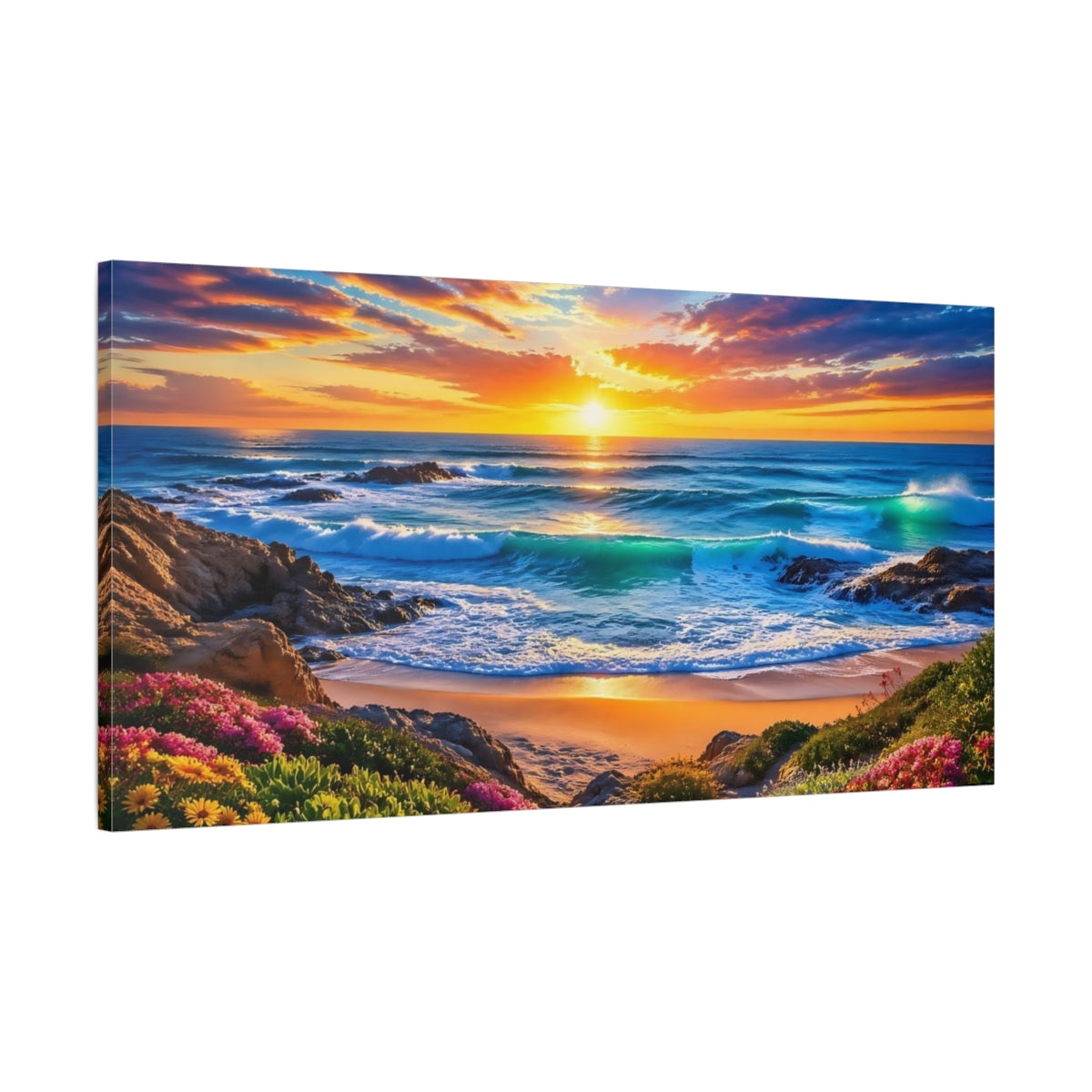 Main Mockup. Nature Coastal Sunset Vibrant Beach Sunset shown as stretched canvas wall art