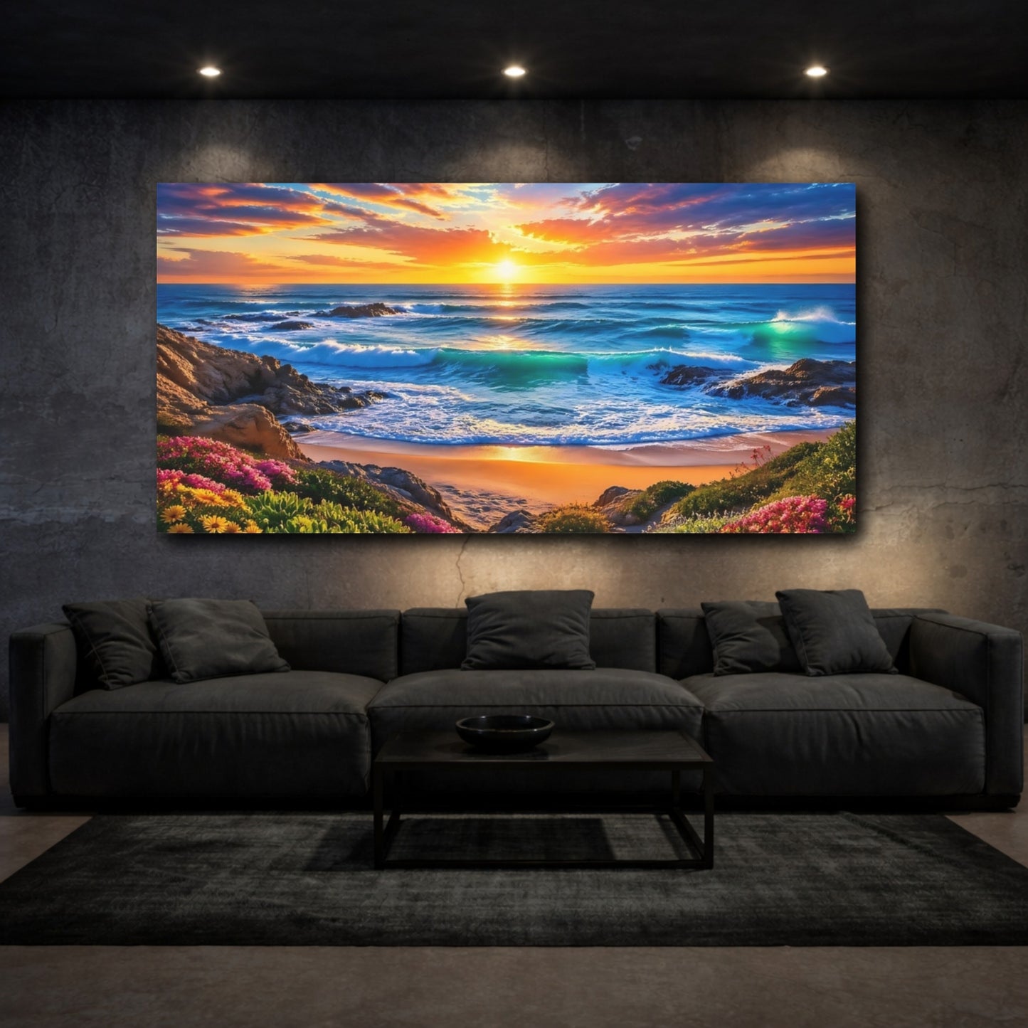 Mockup 2. Nature Coastal Sunset Vibrant Beach Sunset shown as stretched canvas wall art