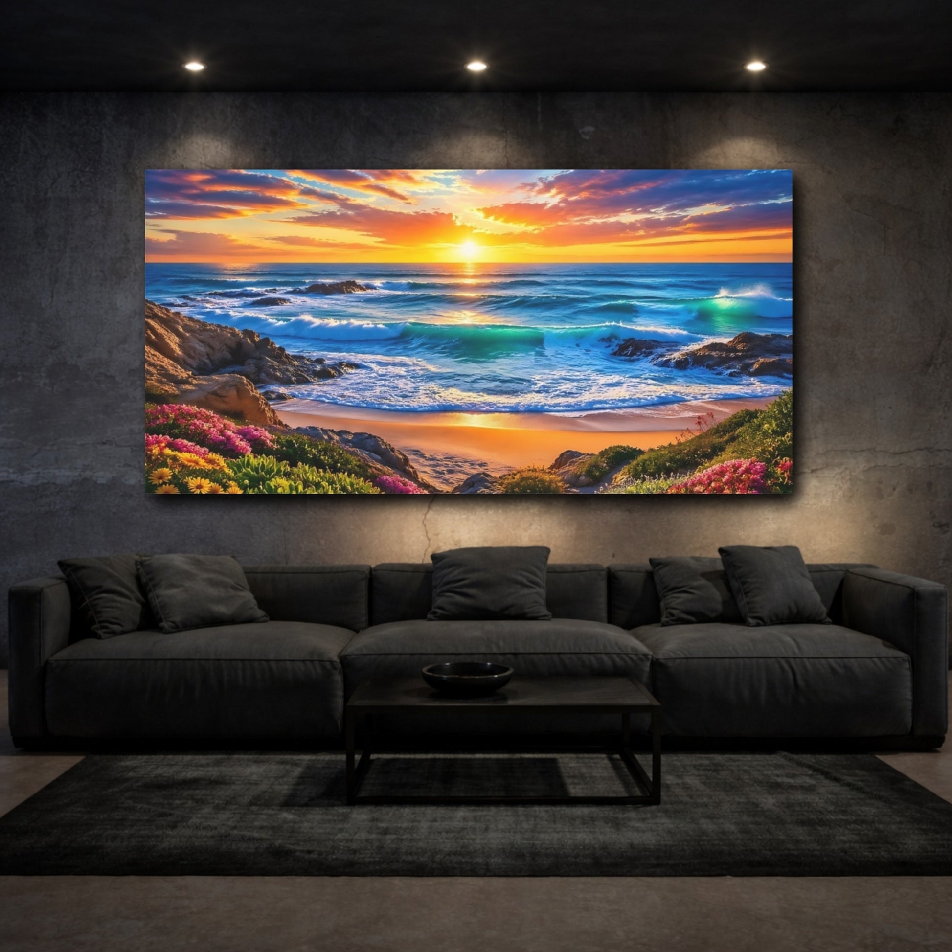 Mockup 2. Nature Coastal Sunset Vibrant Beach Sunset shown as stretched canvas wall art