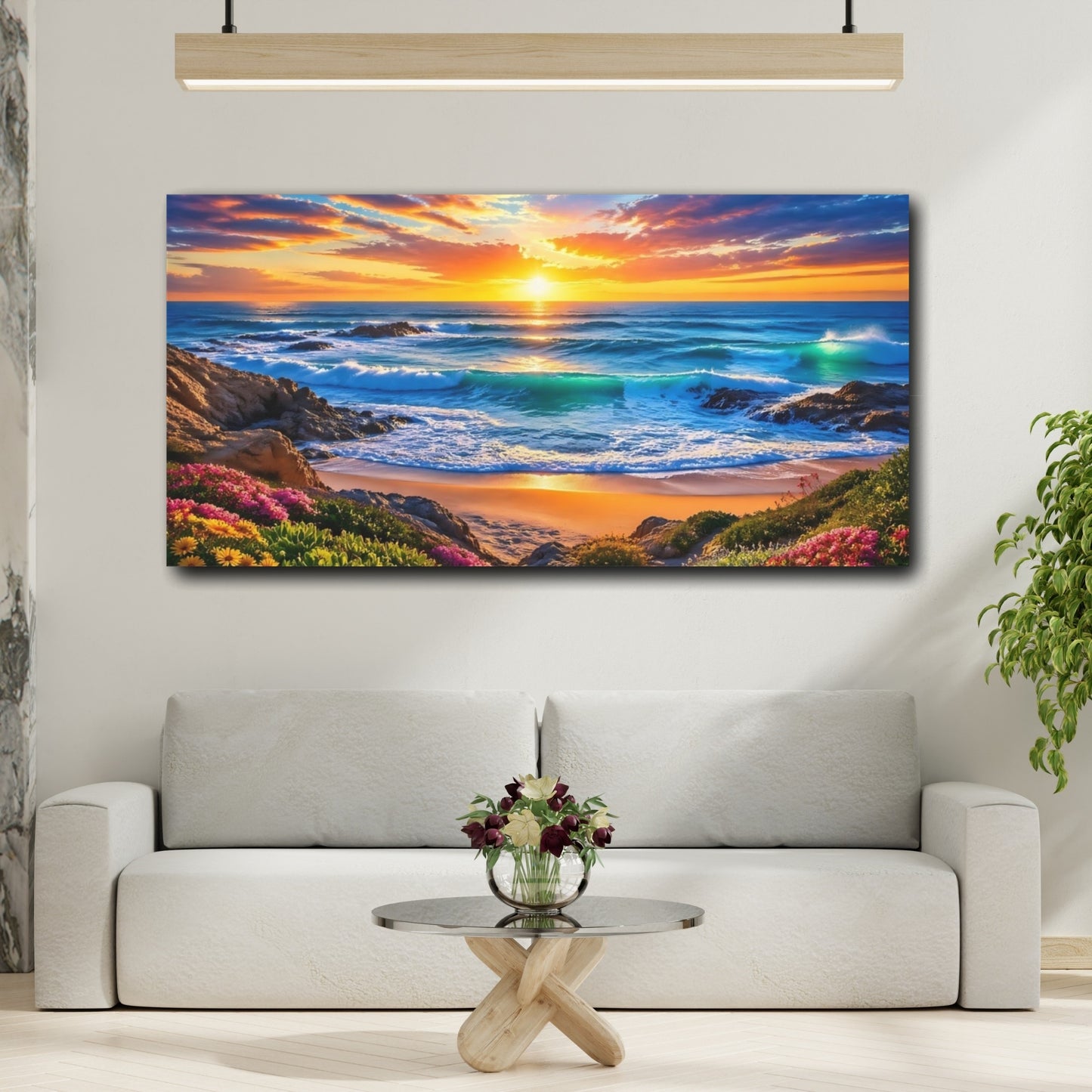 Mockup 3. Nature Coastal Sunset Vibrant Beach Sunset shown as stretched canvas wall art