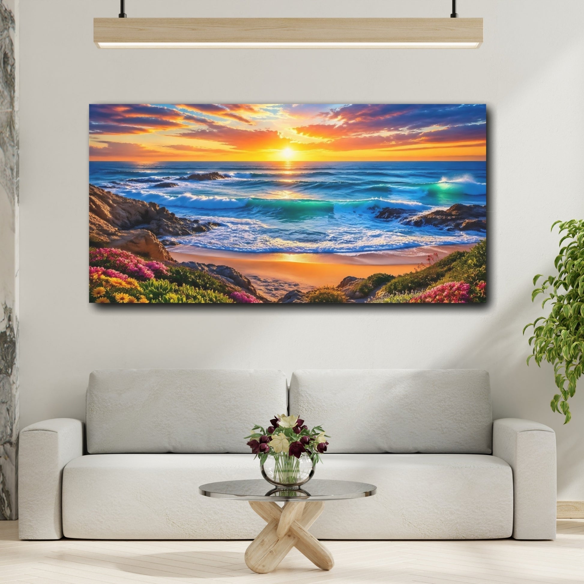 Mockup 3. Nature Coastal Sunset Vibrant Beach Sunset shown as stretched canvas wall art