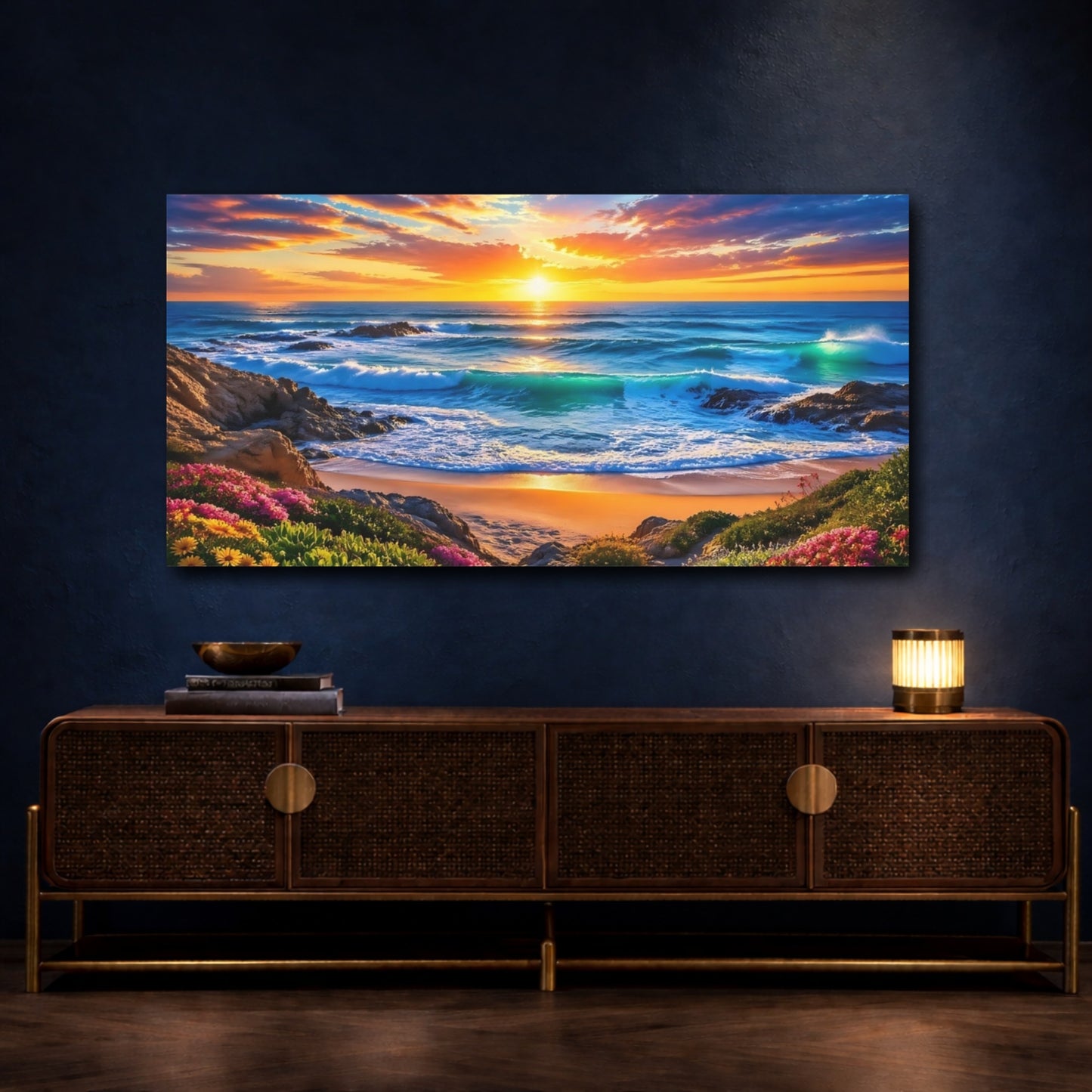 Mockup 4. Nature Coastal Sunset Vibrant Beach Sunset shown as stretched canvas wall art