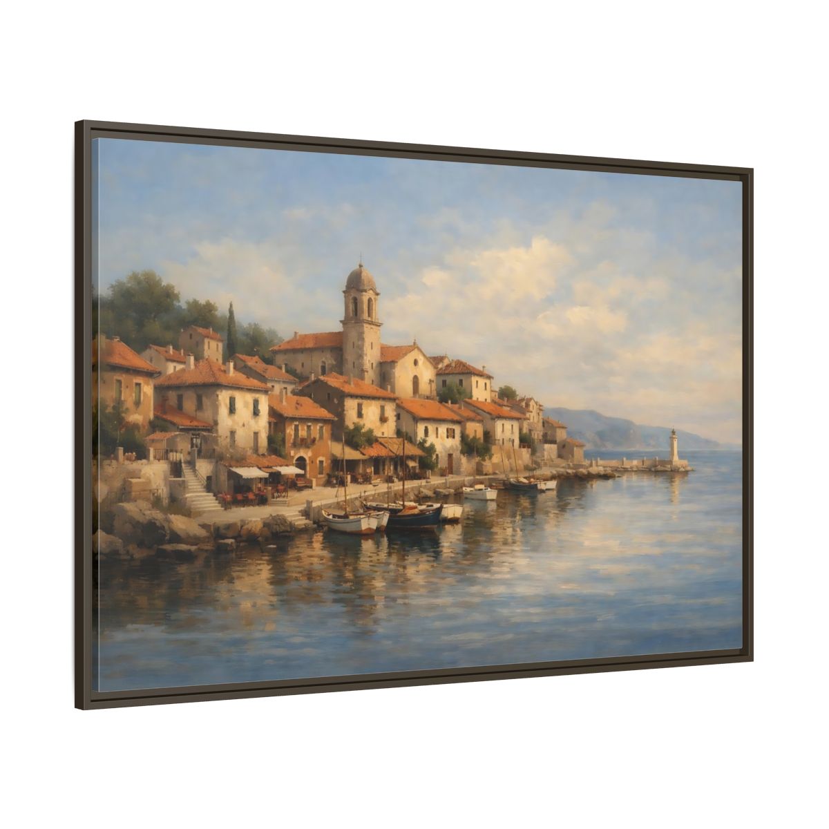 Main Mockup. Nature Coastal Town Blue And Orange shown as stretched canvas wall art