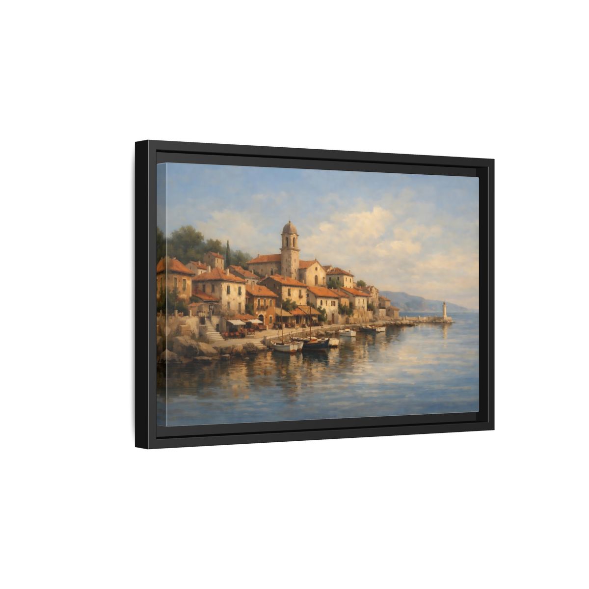 Side Mockup 6. Nature Coastal Town Blue And Orange shown as stretched canvas wall art