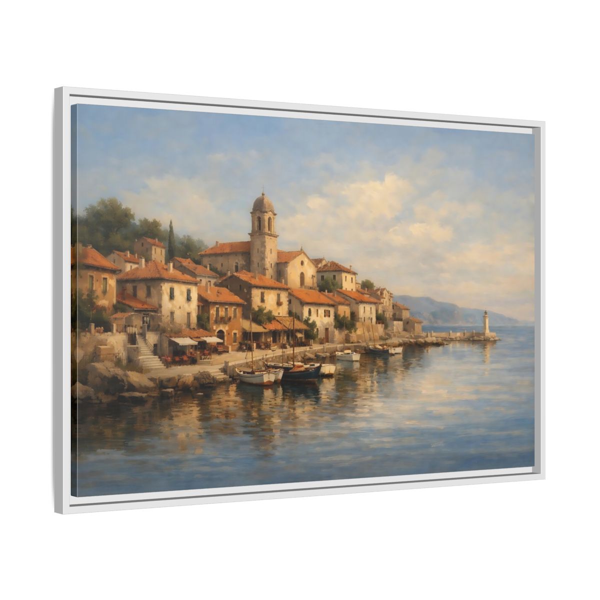 Side Mockup 8. Nature Coastal Town Blue And Orange shown as stretched canvas wall art