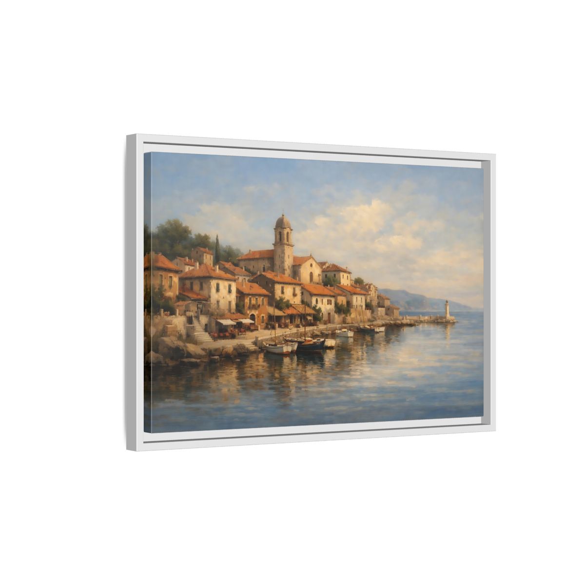 Side Mockup 1. Nature Coastal Town Blue And Orange shown as stretched canvas wall art