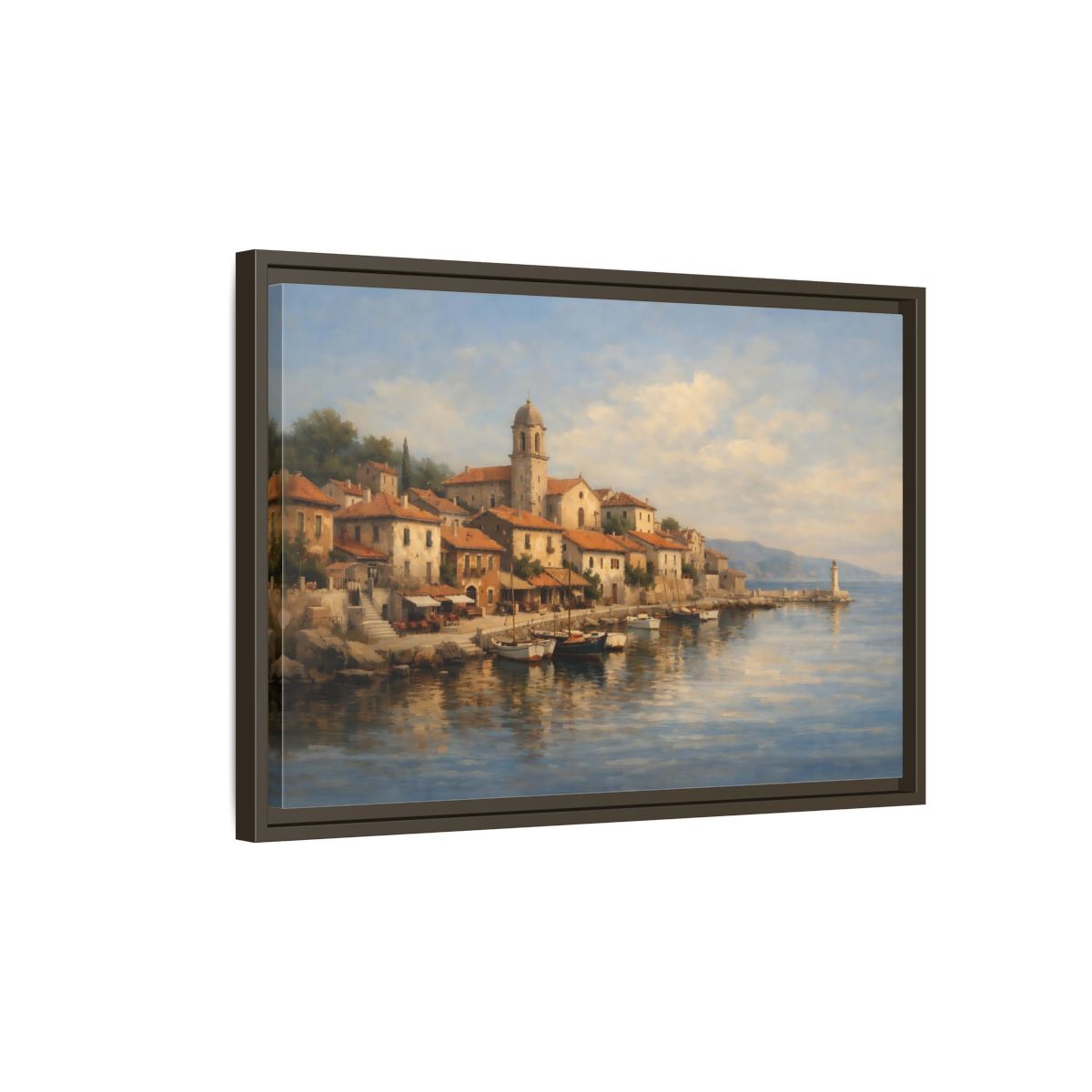 Side Mockup 2. Nature Coastal Town Blue And Orange shown as stretched canvas wall art