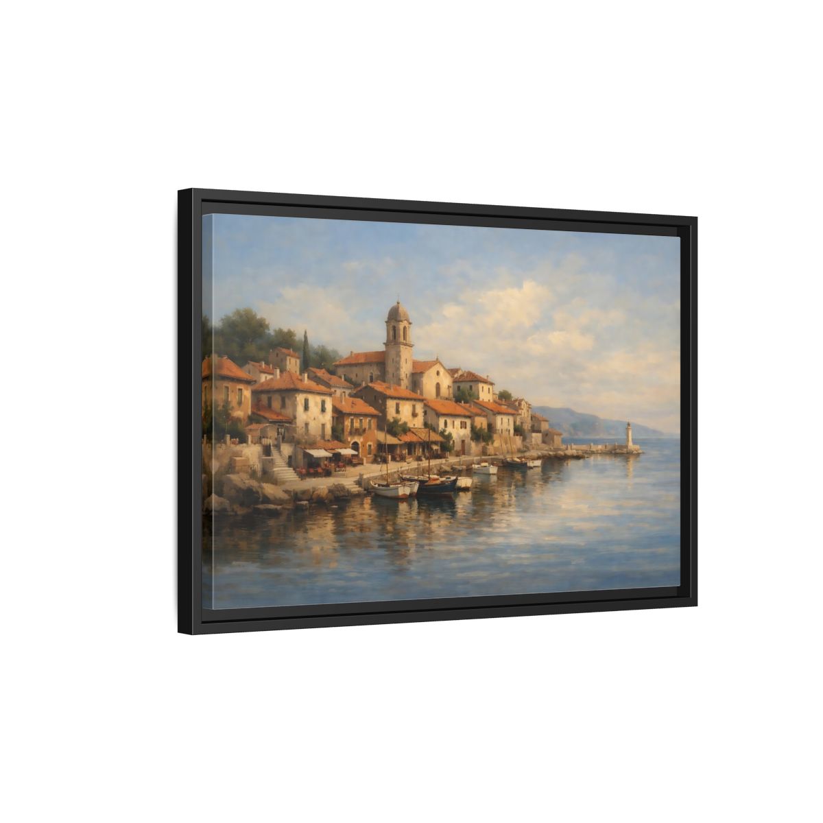 Side Mockup 3. Nature Coastal Town Blue And Orange shown as stretched canvas wall art